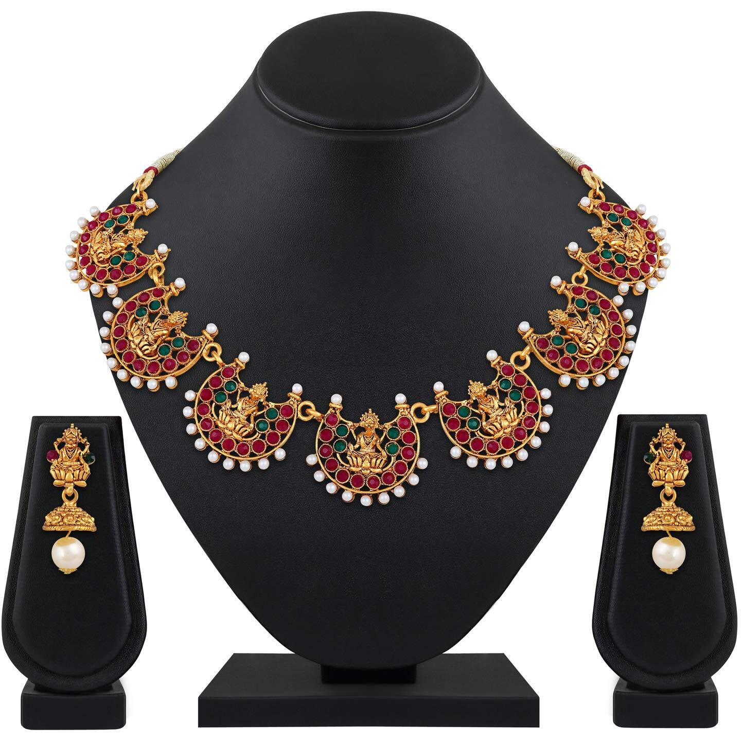 Shining Diva Fashion Latest Temple Design Necklace Set for Women Traditional Choker Gold Plated Jewellery Set for Women (Multicolor) (10653s)