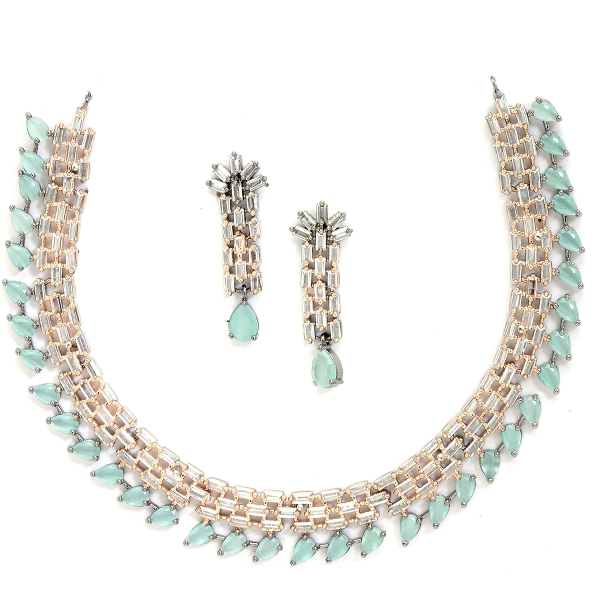 ZENEME Rose Gold-Plated Sea Green and Rose Black American Diamond Stone-Studded Necklace with Earrings Jewellery Set for Women & Girls (Rose Black Sea Green)