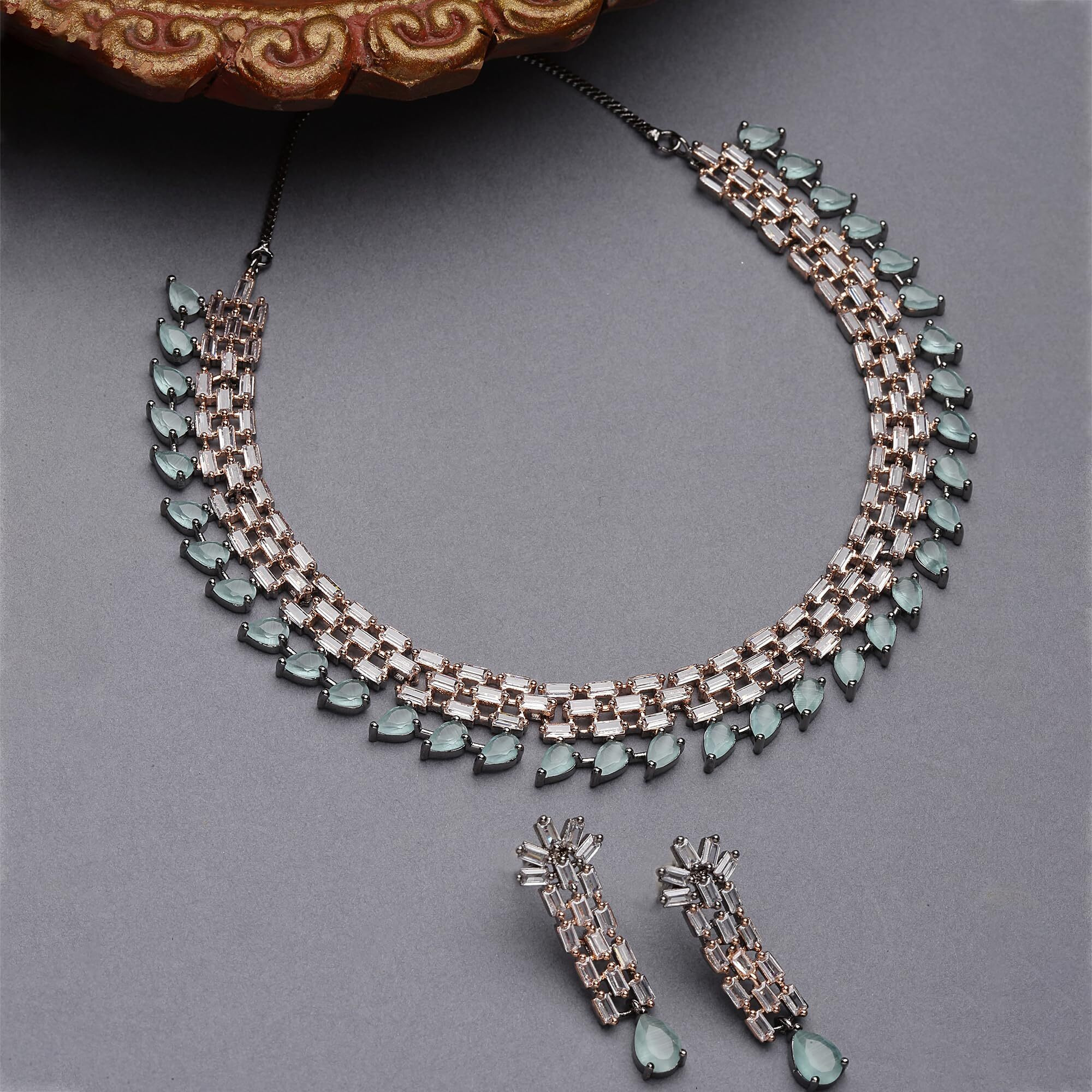 ZENEME Rose Gold-Plated Sea Green and Rose Black American Diamond Stone-Studded Necklace with Earrings Jewellery Set for Women & Girls (Rose Black Sea Green)