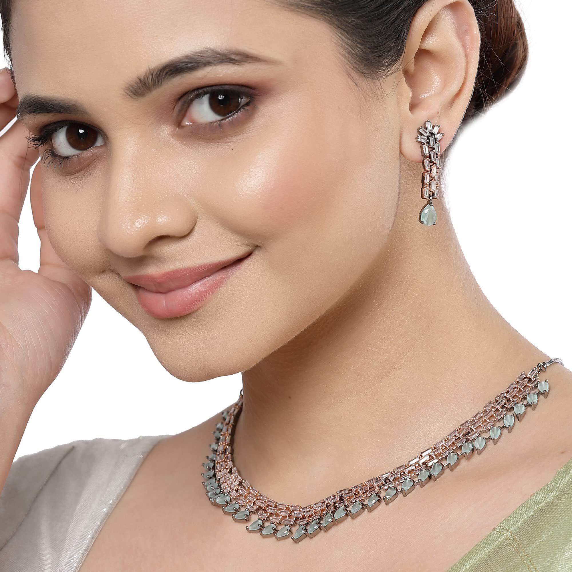 ZENEME Rose Gold-Plated Sea Green and Rose Black American Diamond Stone-Studded Necklace with Earrings Jewellery Set for Women & Girls (Rose Black Sea Green)
