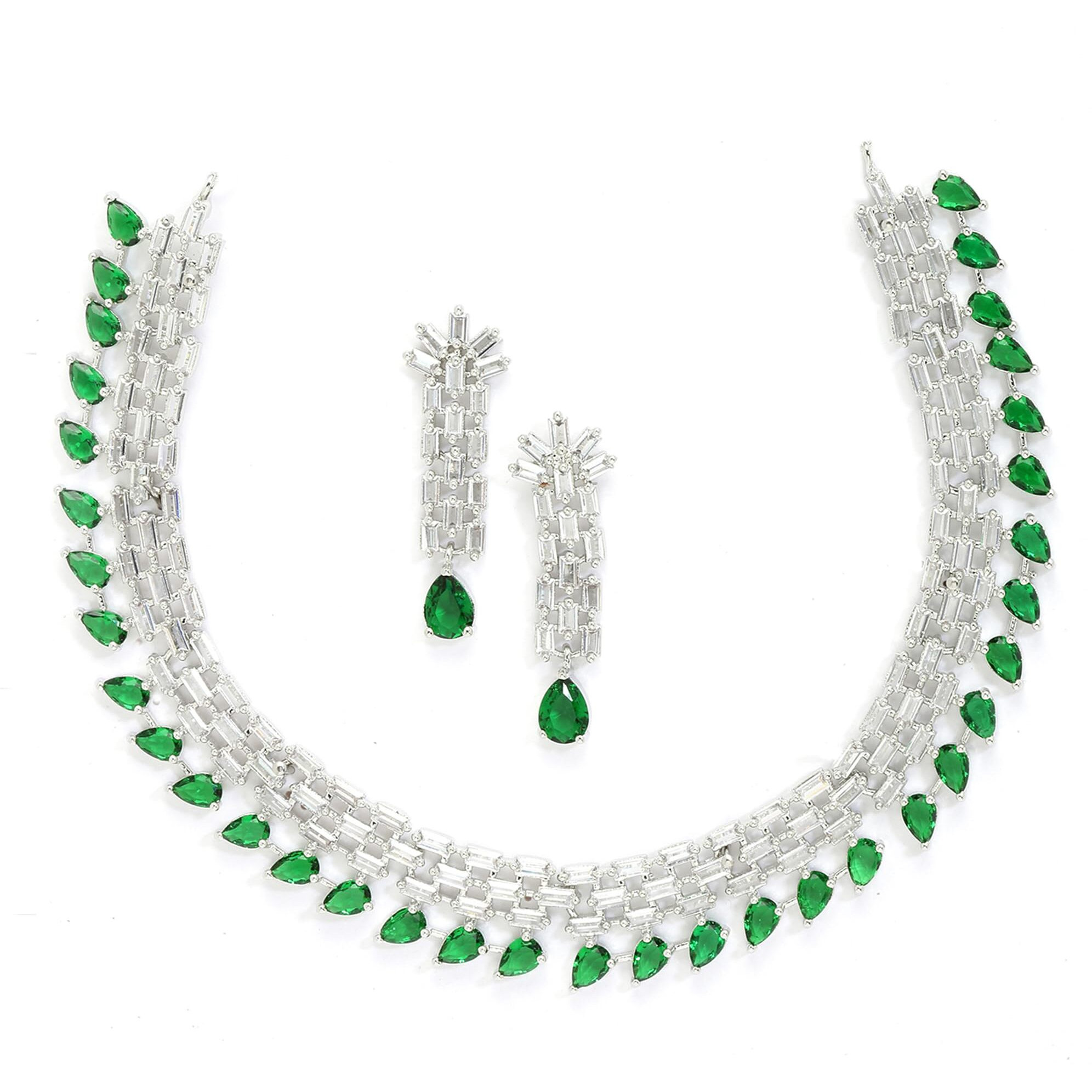 ZENEME Rhodium-Plated Green and White American Diamond Stone-Studded Necklace with Earrings Jewellery Set for Women & Girls (Green)