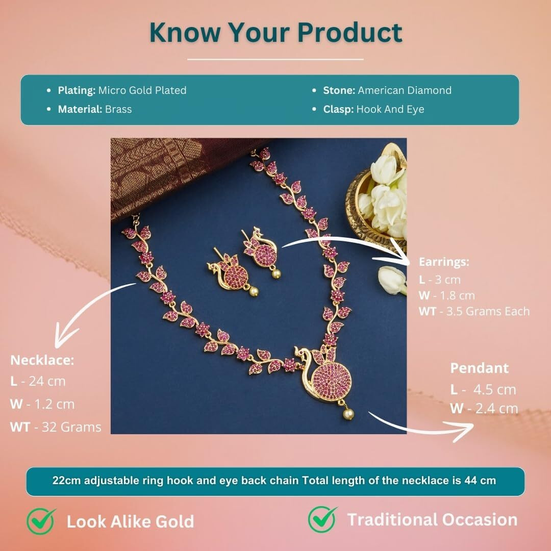Sasitrends Traditional Micro Gold Plated American Diamond Stone Studded Designer Necklace Jewellery Set for Women & Girls