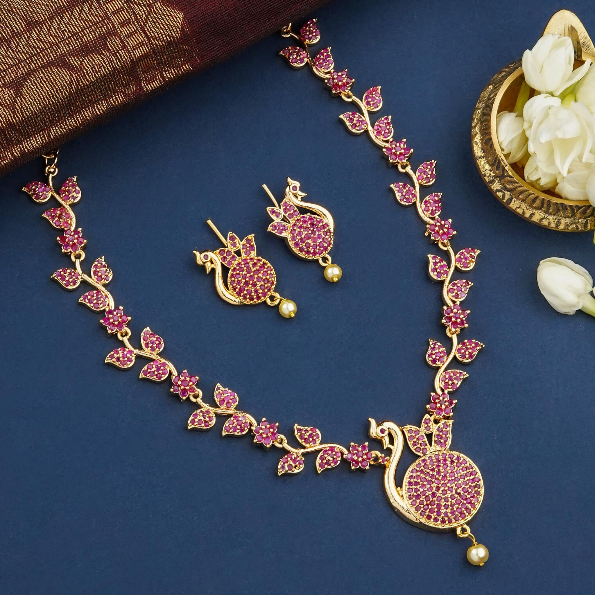Sasitrends Traditional Micro Gold Plated American Diamond Stone Studded Designer Necklace Jewellery Set for Women & Girls
