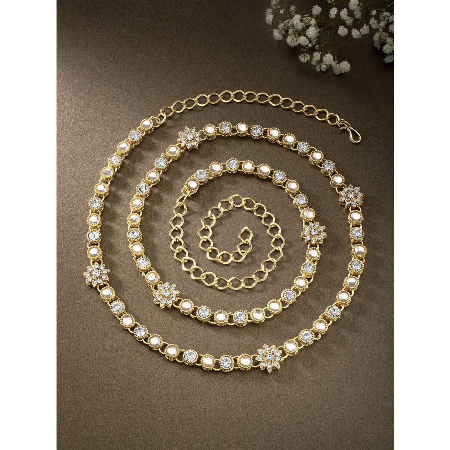 I Jewels 18K Gold Plated Traditional Ethnic Kundan And Stone Studded Adjustable Kamarband/Belly Chain/Kandora/Wait Belt For Women (B003W)