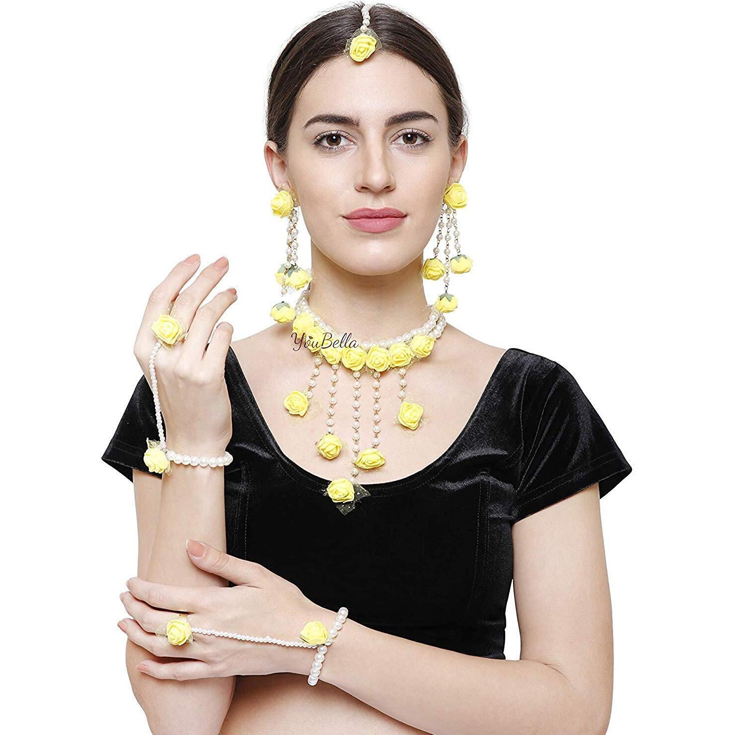 YouBella Jewellery Set for women Floret Gota Patti Necklace, Earrings, Bracelet & Maang Tika For Women & Girls (Mehandi/Haldi) (Yellow)