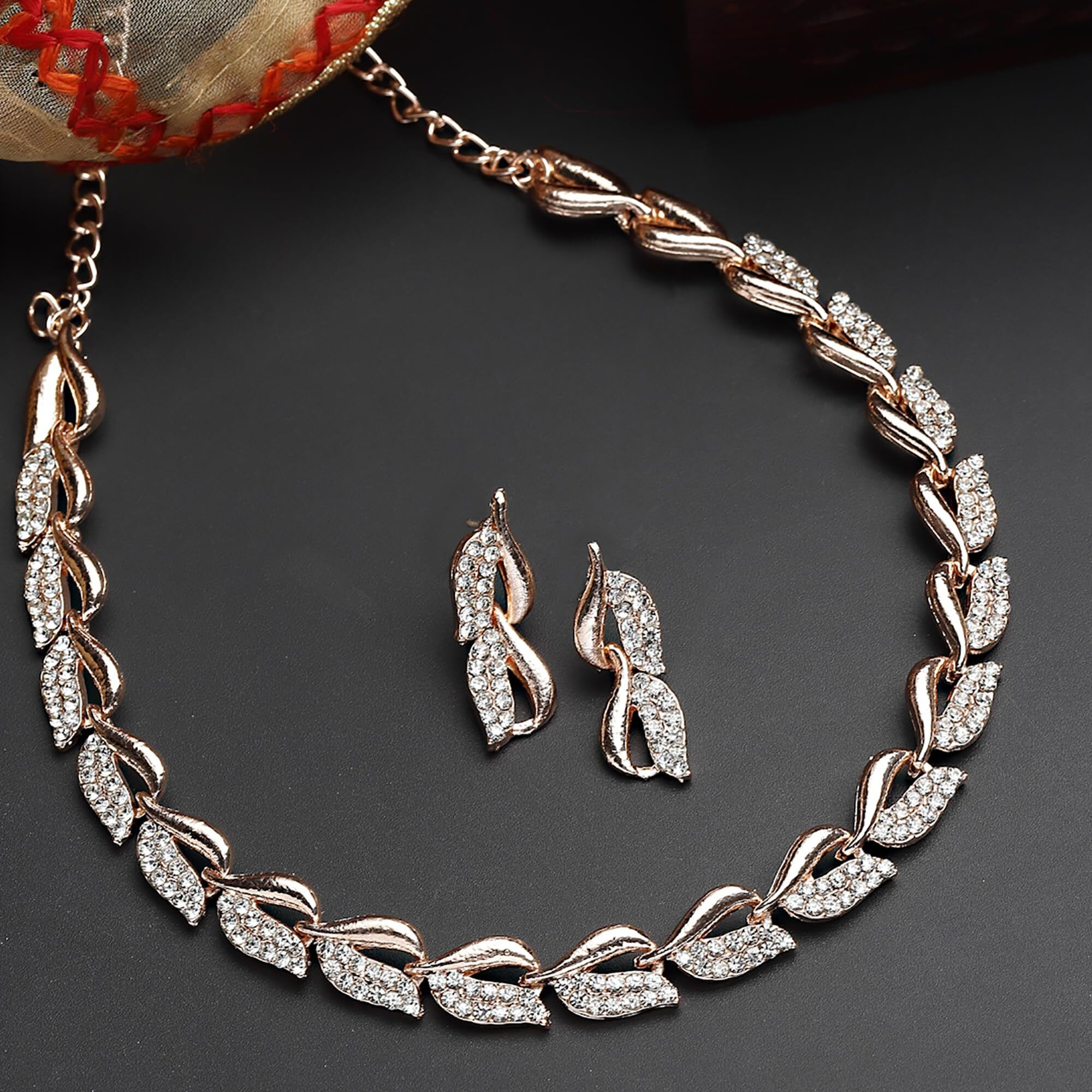 ZENEME Women American Diamond Studded Intrcately Designed Leaf Shaped Necklace With Earring Jewellery Set For Women and Girl (Style 4)