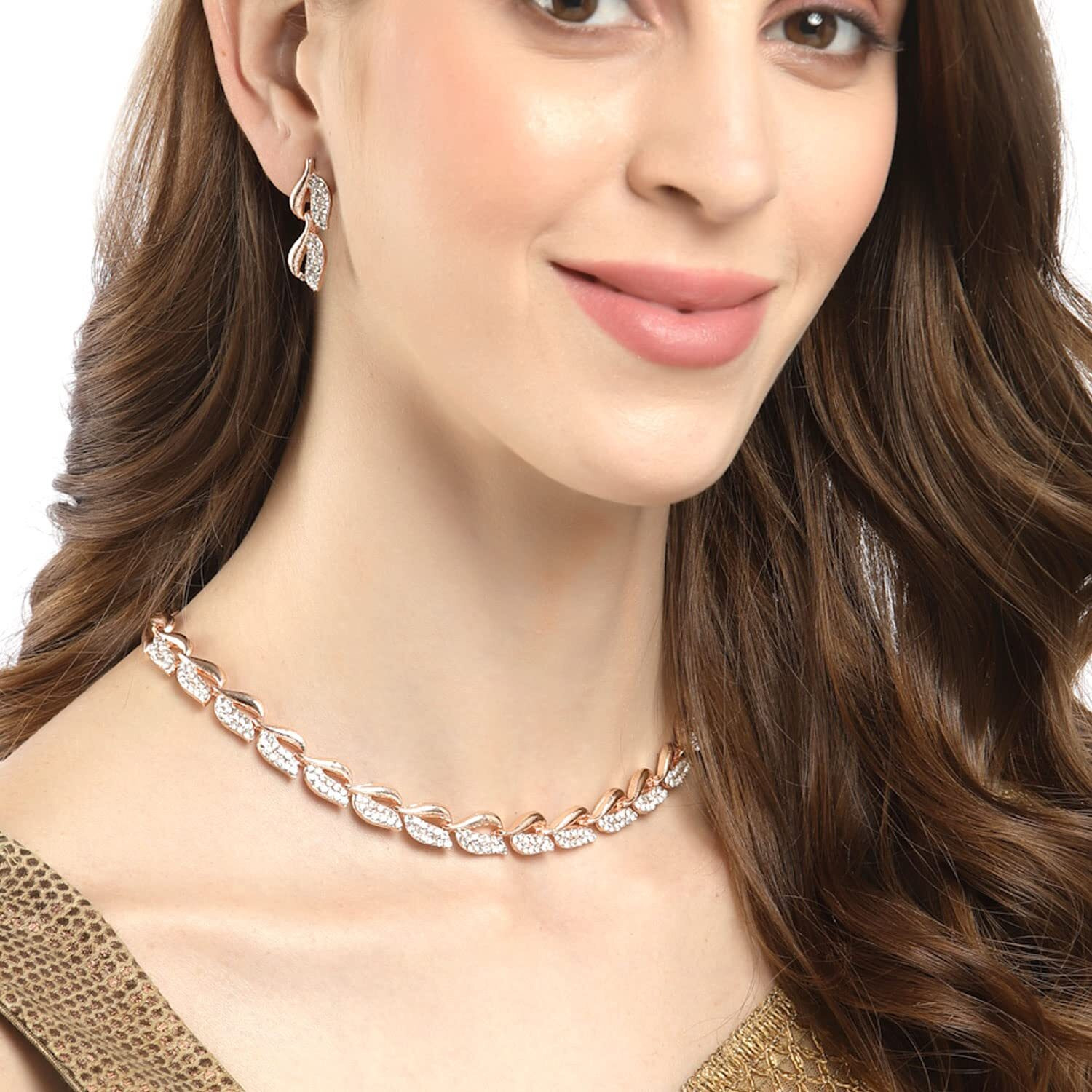 ZENEME Women American Diamond Studded Intrcately Designed Leaf Shaped Necklace With Earring Jewellery Set For Women and Girl (Style 4)