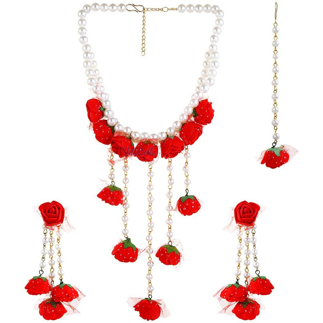 YouBella Jewellery Set for women Floret Gota Patti Necklace, Earrings, Bracelet & Maang Tika For Women & Girls (Mehandi/Haldi) (Red)
