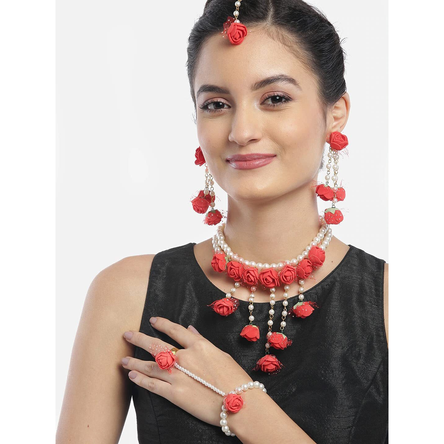 YouBella Jewellery Set for women Floret Gota Patti Necklace, Earrings, Bracelet & Maang Tika For Women & Girls (Mehandi/Haldi) (Red)
