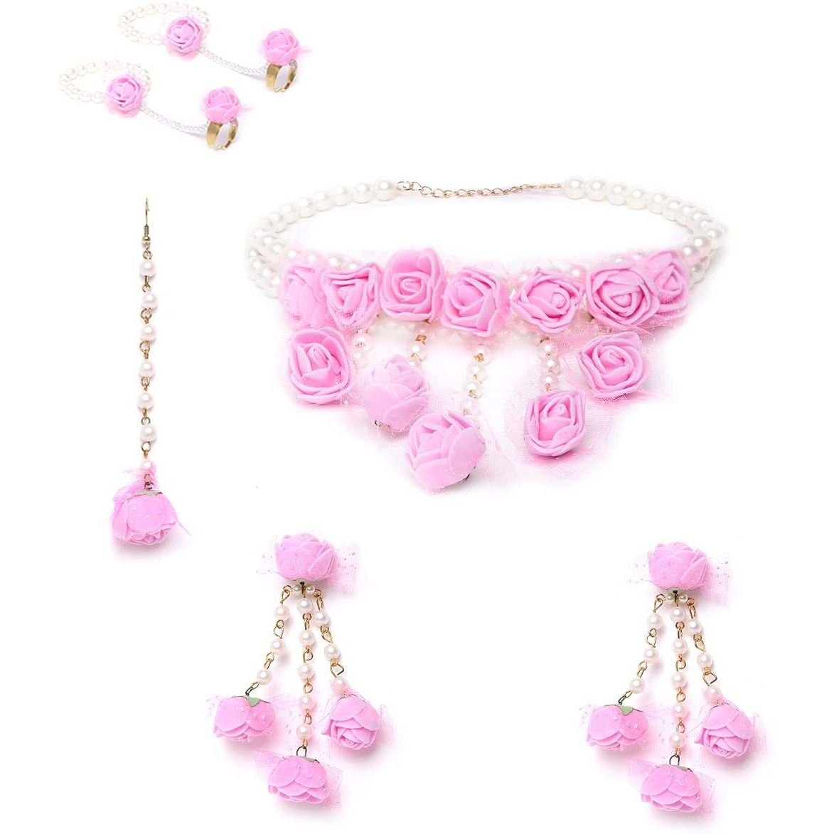 YouBella Jewellery Set for women Floret Gota Patti Necklace, Earrings, Bracelet & Maang Tika For Women & Girls (Mehandi/Haldi) (Pink)