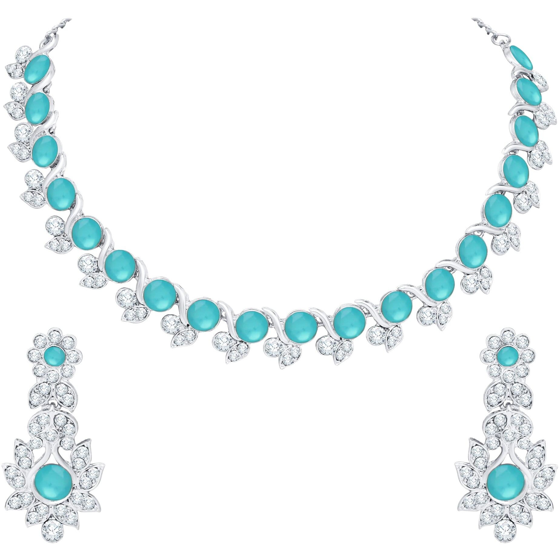 Atasi International Mint Blue Silver Plated Crystal Necklace Jewellery Set with Earrings for Women Ideal for Party, Wedding, Festivals (RMB5764)
