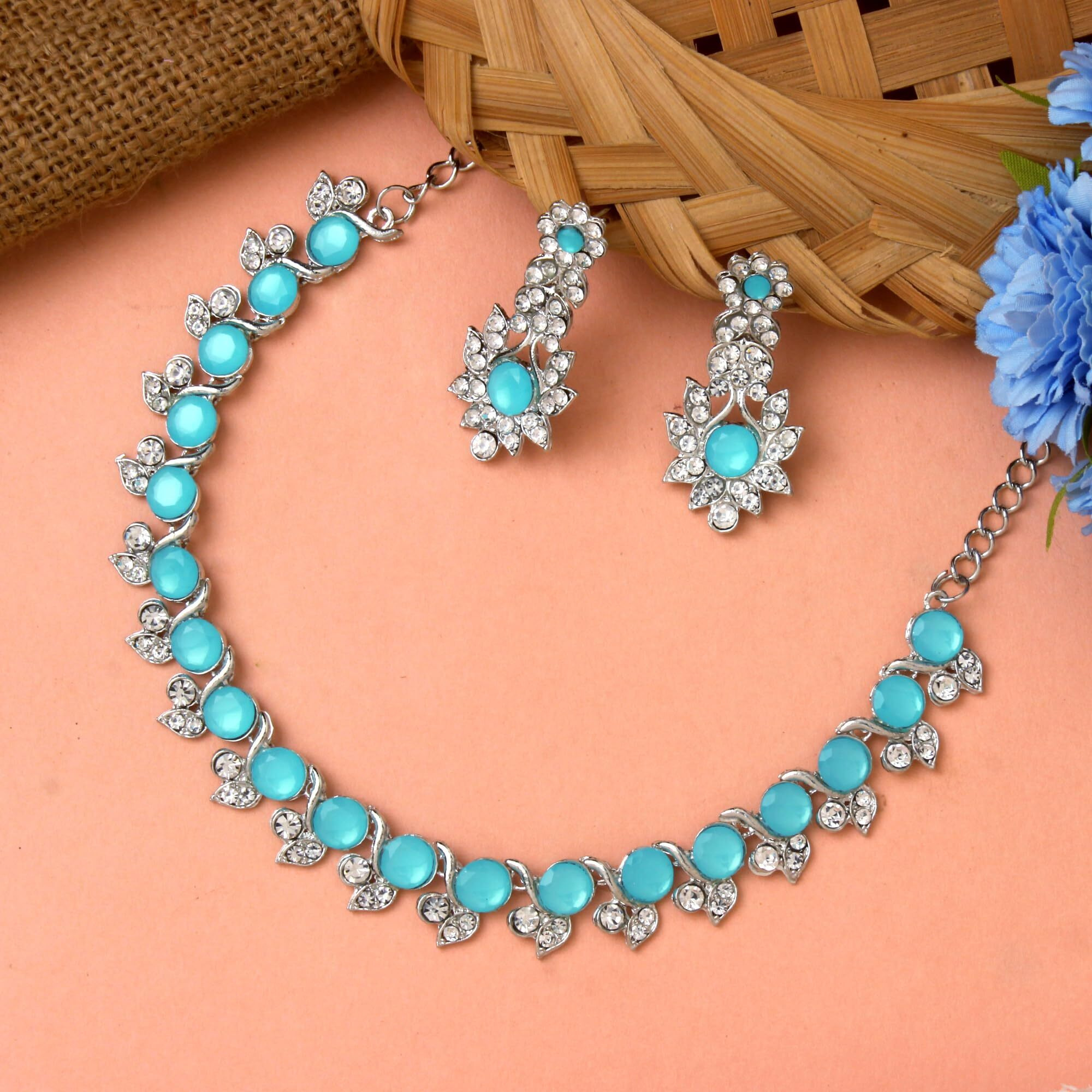 Atasi International Mint Blue Silver Plated Crystal Necklace Jewellery Set with Earrings for Women Ideal for Party, Wedding, Festivals (RMB5764)