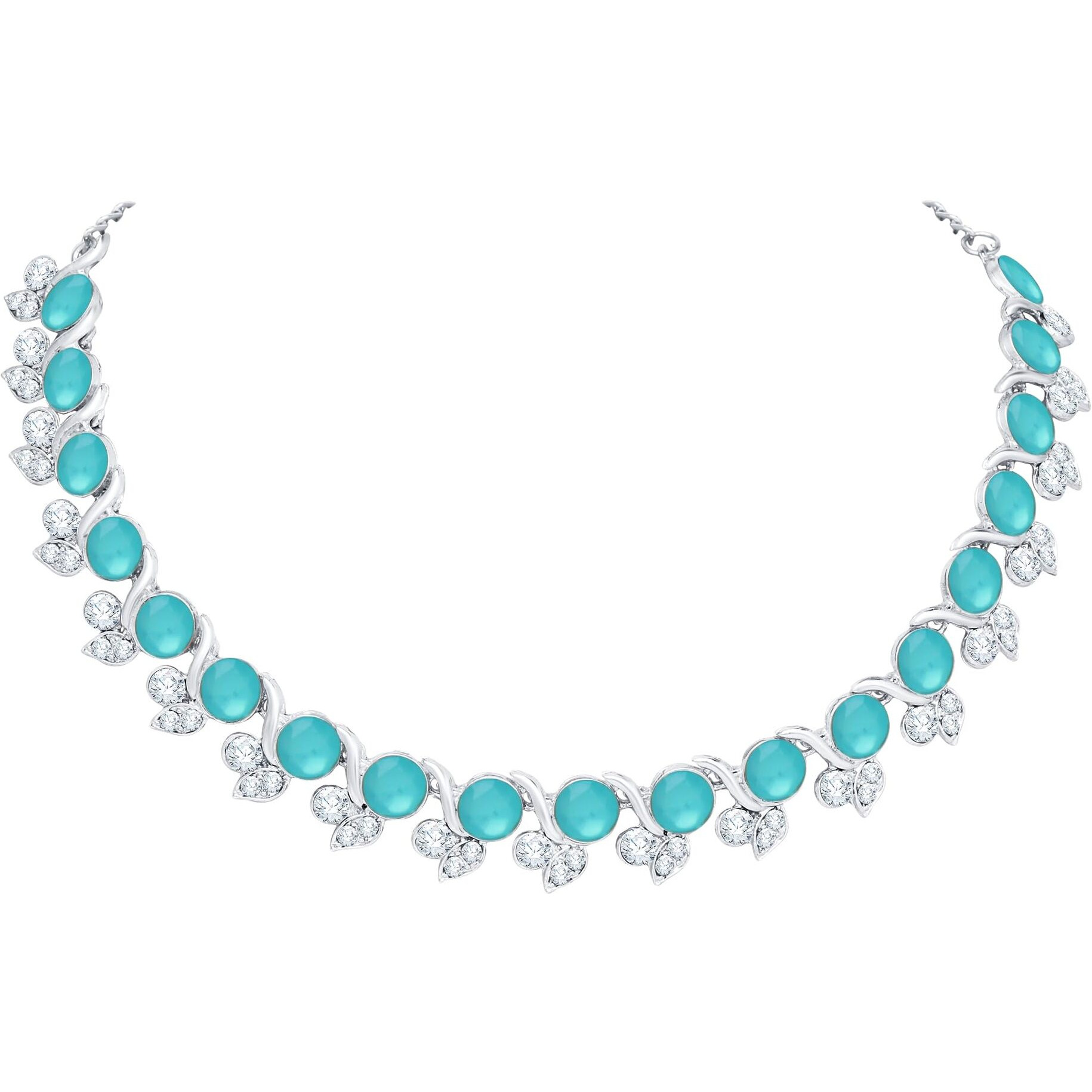 Atasi International Mint Blue Silver Plated Crystal Necklace Jewellery Set with Earrings for Women Ideal for Party, Wedding, Festivals (RMB5764)