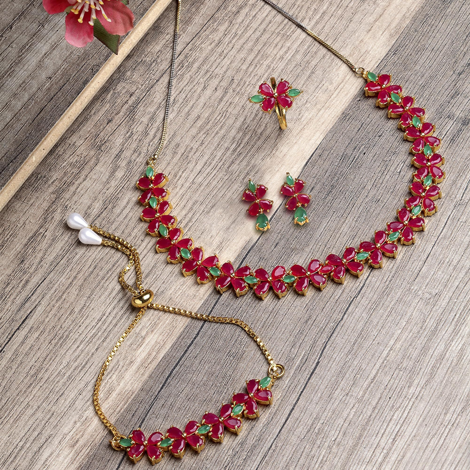 ZENEME Jewellery Set for Women American Diamond Combo of Necklace Set with Earrings, Bracelet and Ring for Girls and Women (Design 1)
