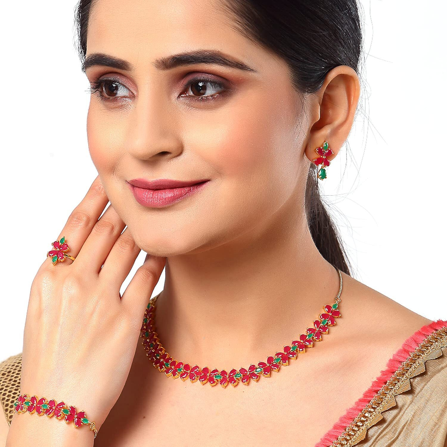 ZENEME Jewellery Set for Women American Diamond Combo of Necklace Set with Earrings, Bracelet and Ring for Girls and Women (Design 1)