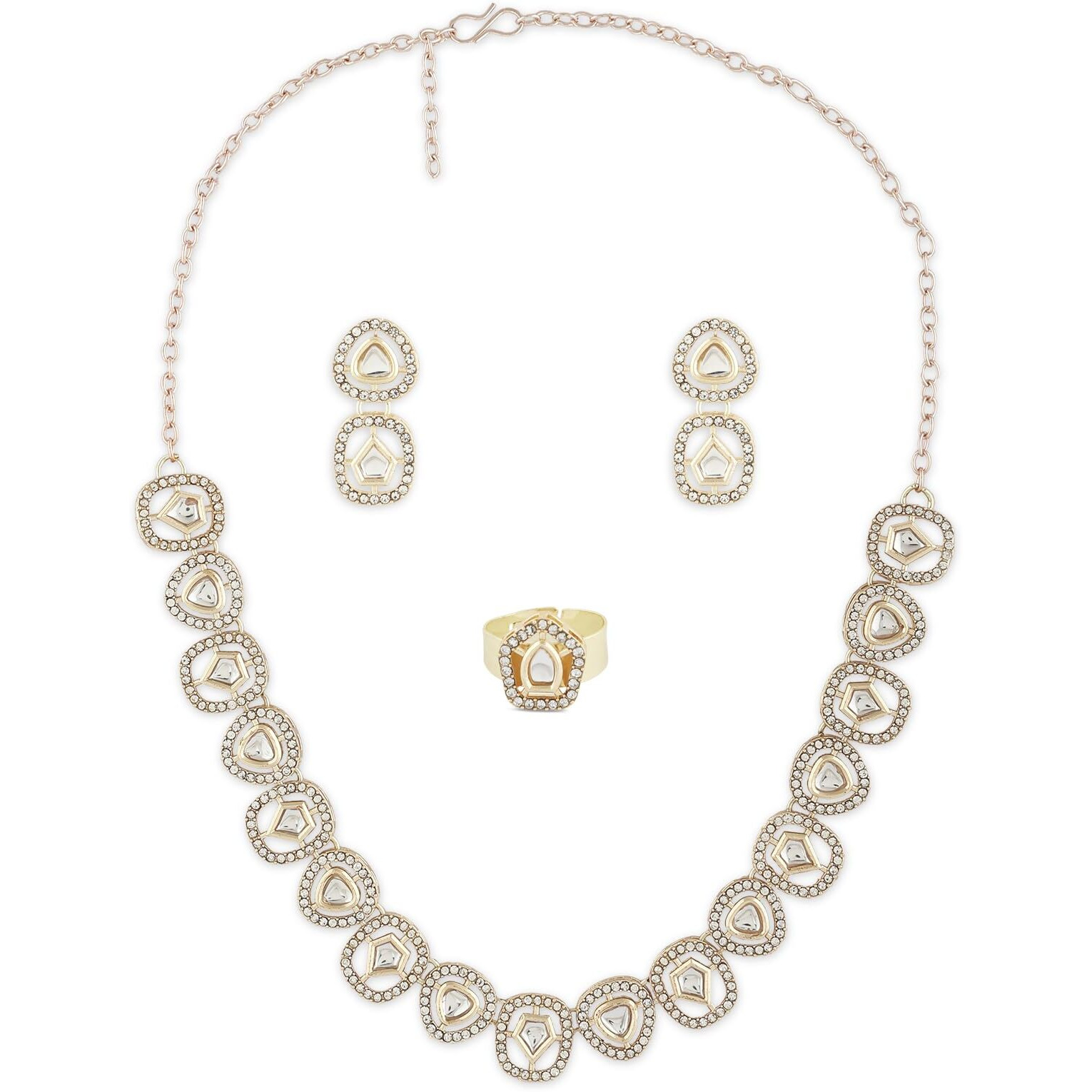 ZAVERI PEARLS Gold Tone Kundan & Dazzling Austrian Diamonds Necklace Earring & Ring Set For Women-ZPFK16772