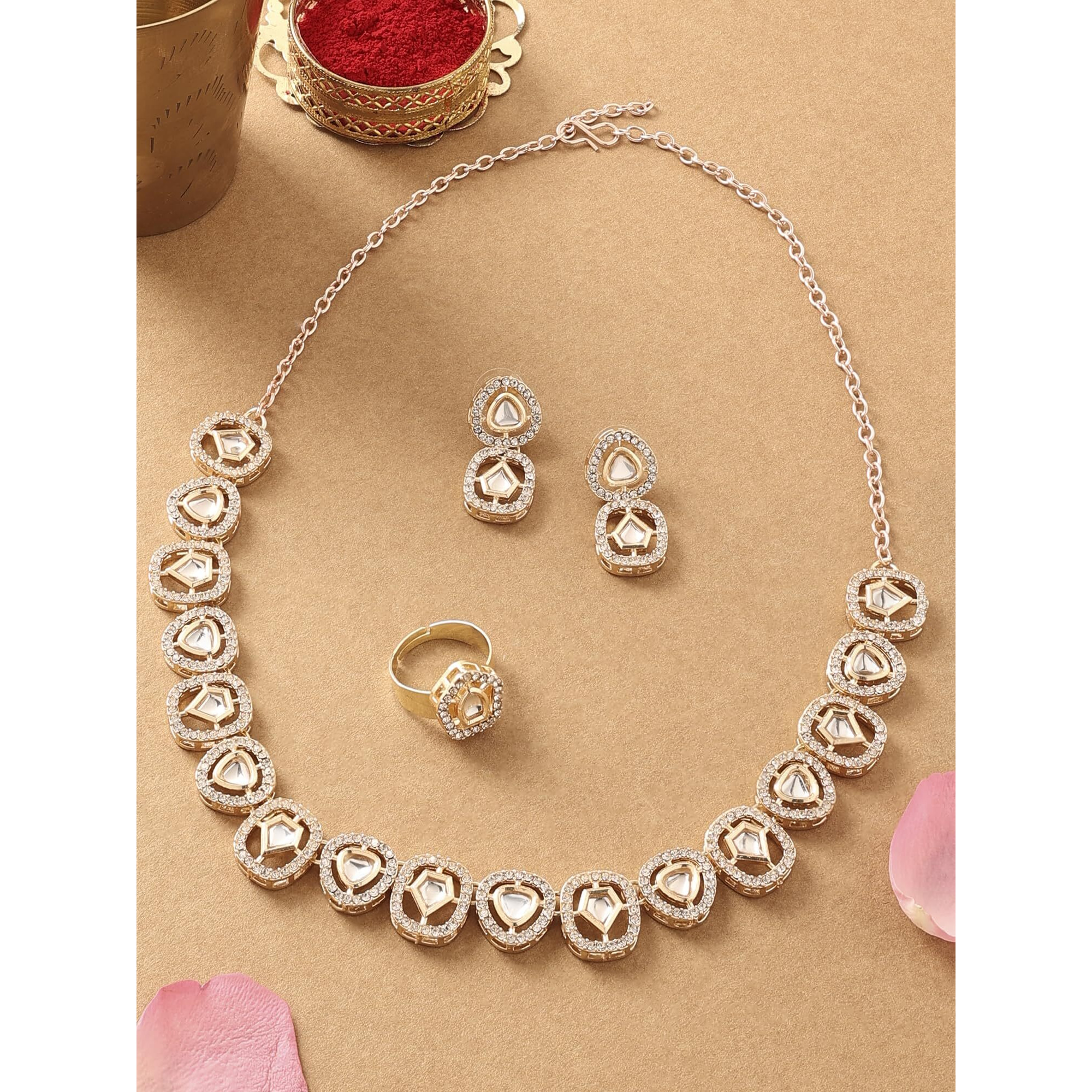 ZAVERI PEARLS Gold Tone Kundan & Dazzling Austrian Diamonds Necklace Earring & Ring Set For Women-ZPFK16772