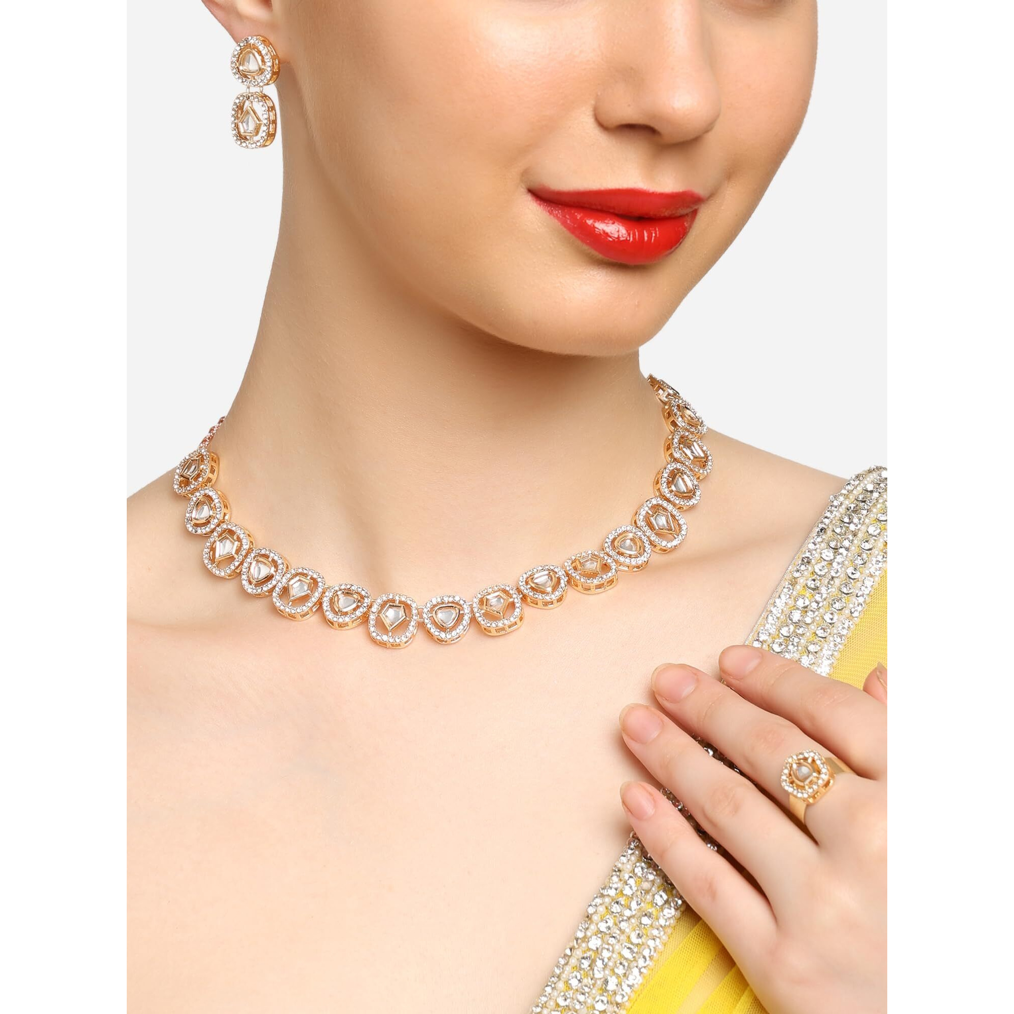ZAVERI PEARLS Gold Tone Kundan & Dazzling Austrian Diamonds Necklace Earring & Ring Set For Women-ZPFK16772