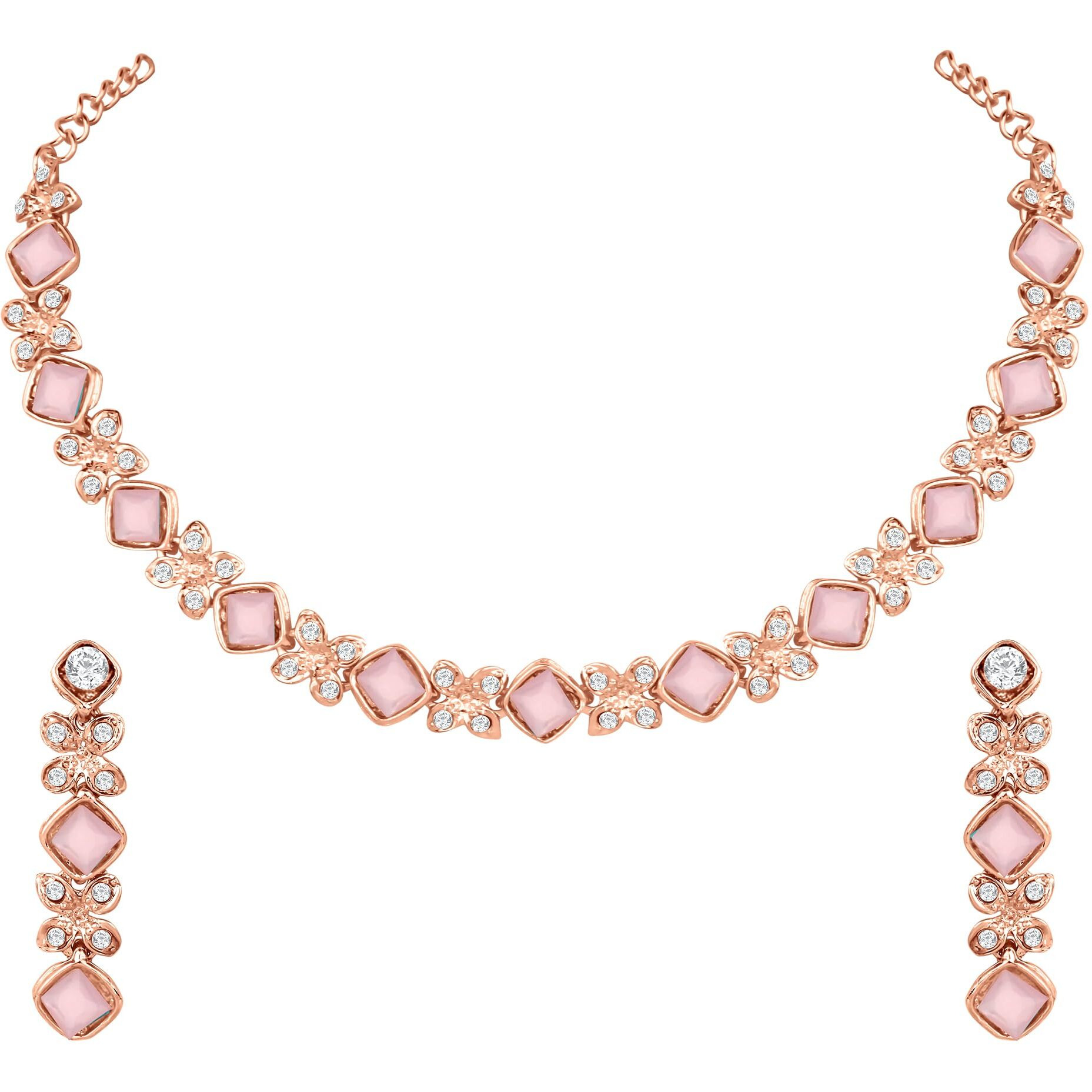 Atasi International Gold Plated Mint Pink Crystals AD Diamond Style Delicate Necklace Jewellery Set for Women & GIrls (MP1744)