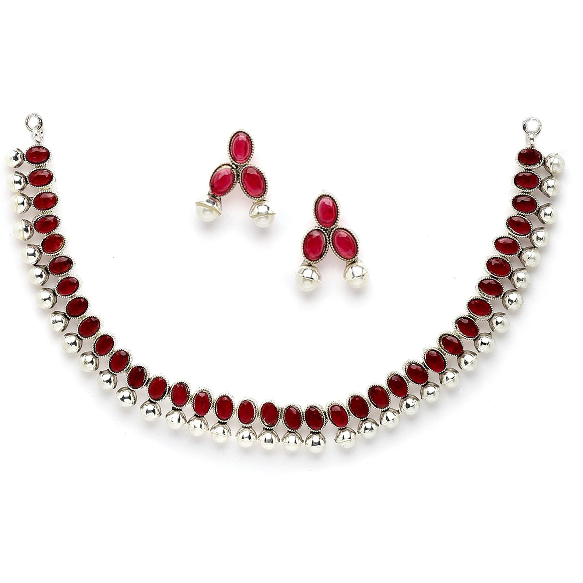 ZENEME Antique Oxidised Silver Plated Traditional Temple Coin Red American Diamond Studded Necklace With Earrings Jewellery For Women & Girls (Red)