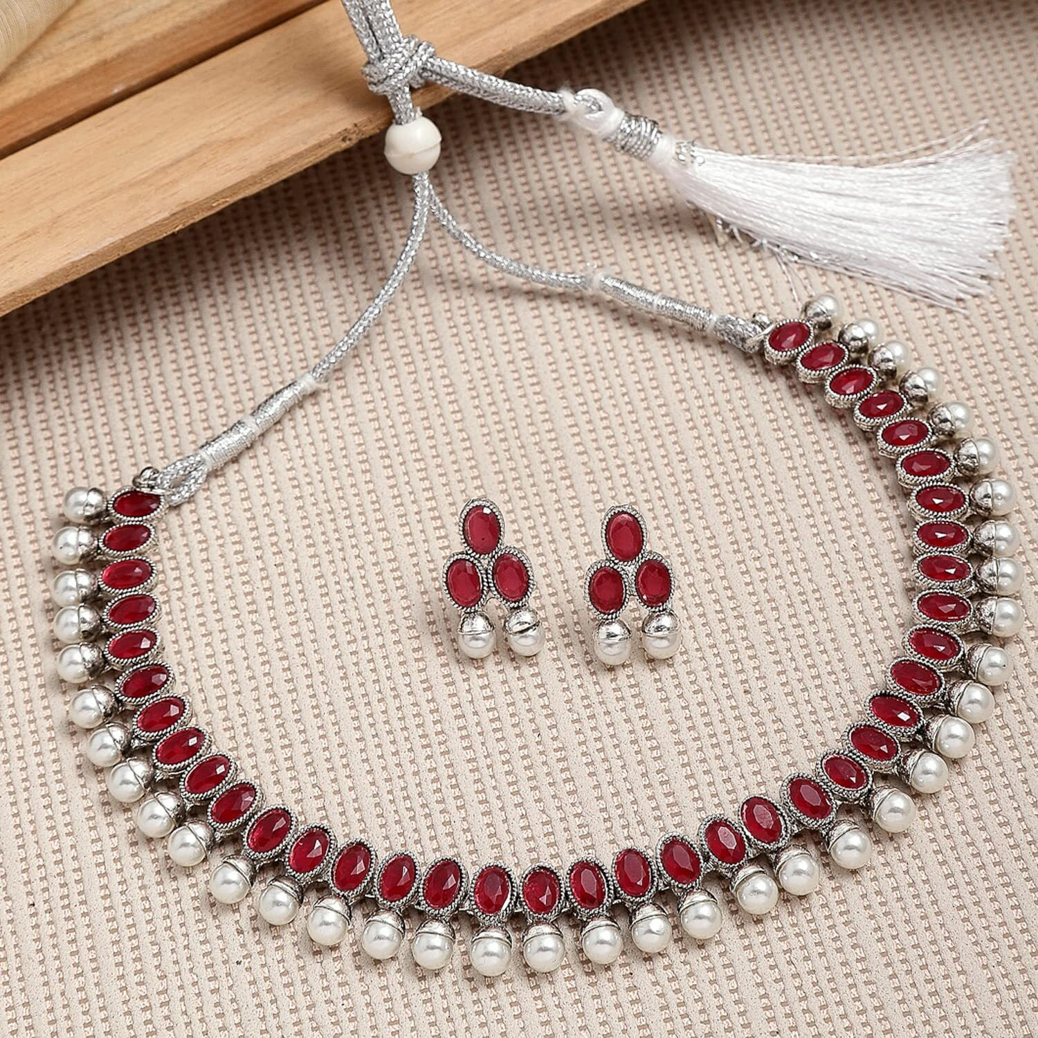 ZENEME Antique Oxidised Silver Plated Traditional Temple Coin Red American Diamond Studded Necklace With Earrings Jewellery For Women & Girls (Red)