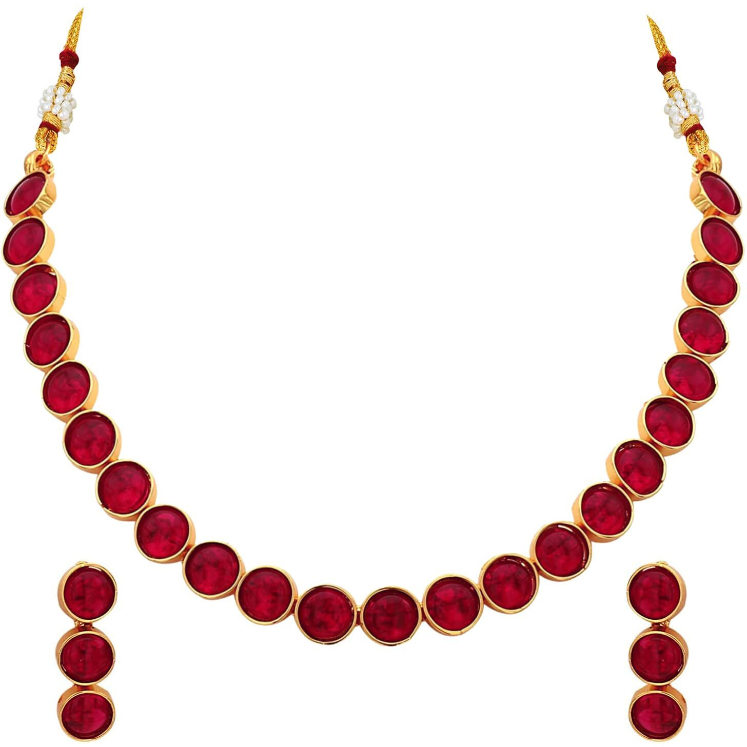 Peora Gold Plated Red Choker Necklace with Drop Earrings Traditional Jewellery Set for Women