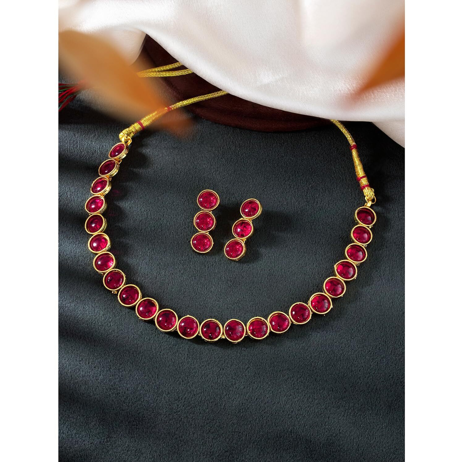 Peora Gold Plated Red Choker Necklace with Drop Earrings Traditional Jewellery Set for Women