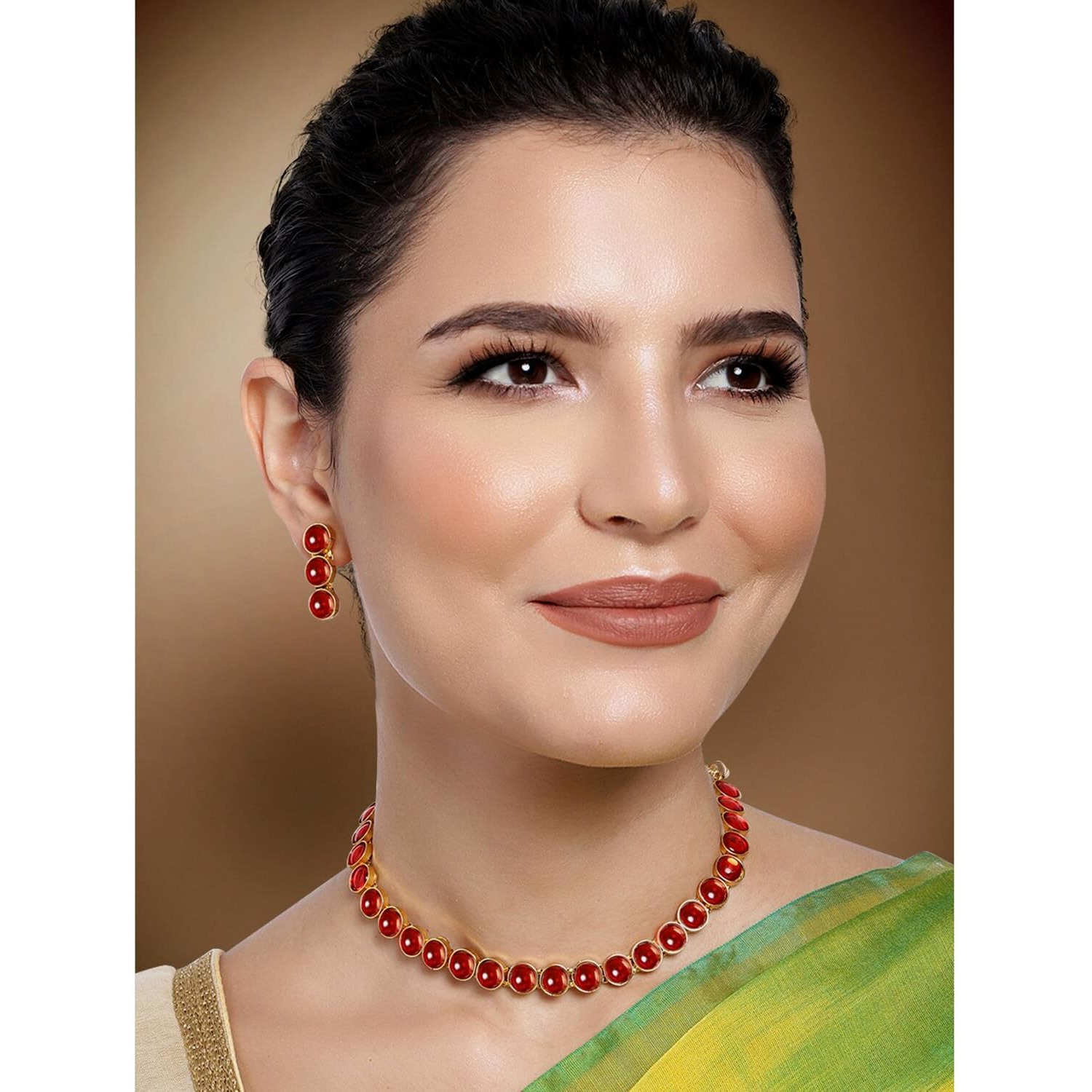 Peora Gold Plated Red Choker Necklace with Drop Earrings Traditional Jewellery Set for Women