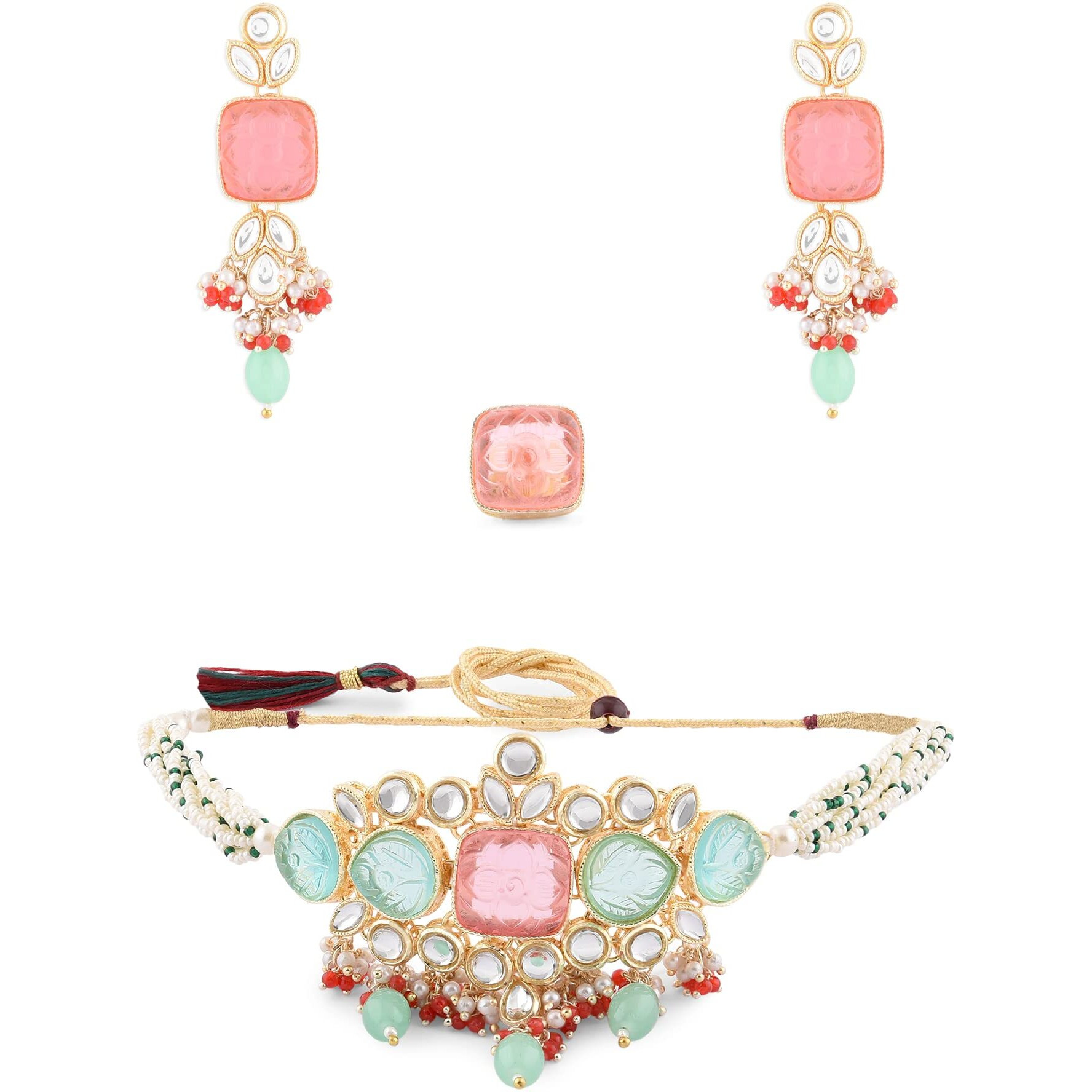 ZAVERI PEARLS Multicolor Stones & Beads Multistrand Beaded Kundan Choker Necklace Earring & Ring Set For Women-ZPFK15092