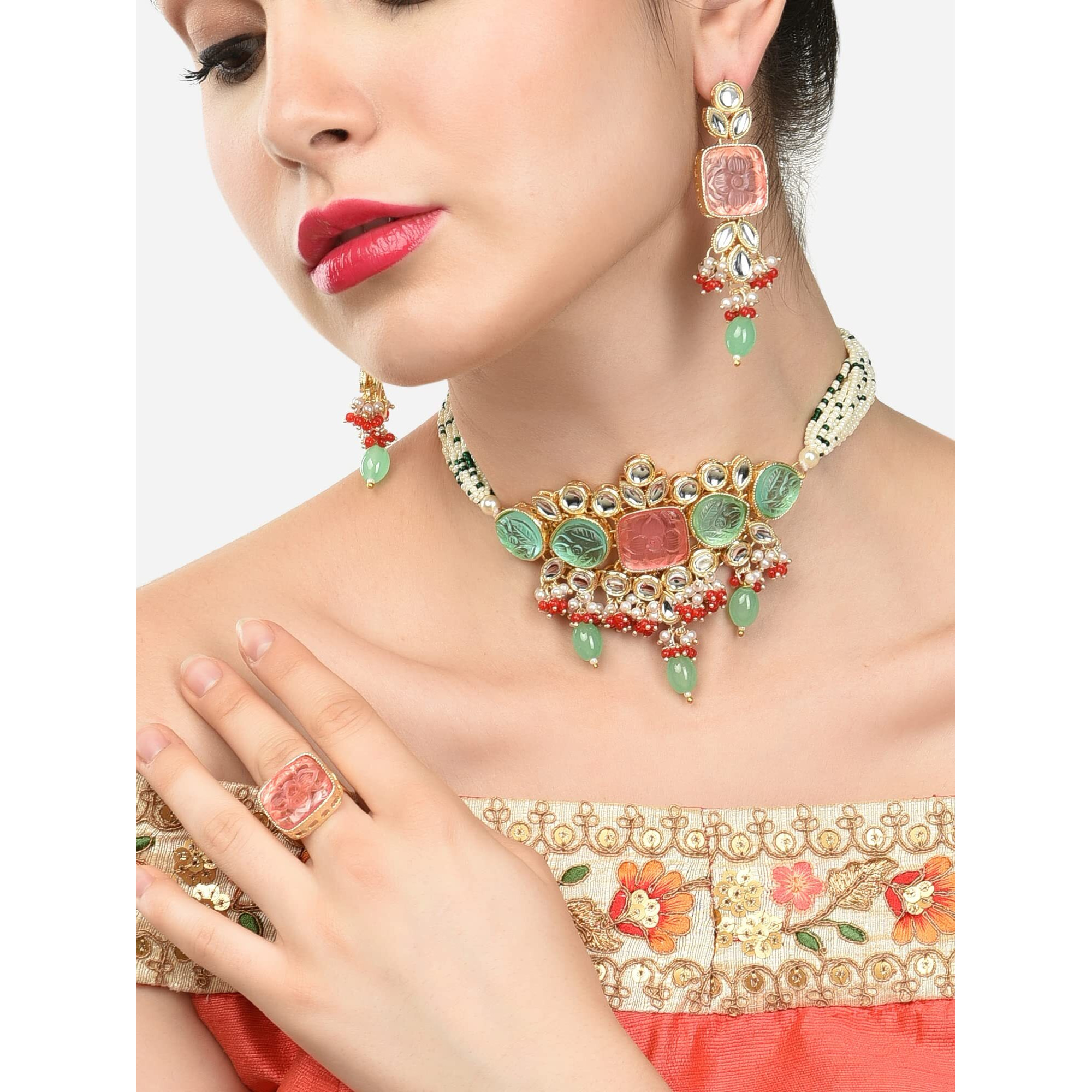 ZAVERI PEARLS Multicolor Stones & Beads Multistrand Beaded Kundan Choker Necklace Earring & Ring Set For Women-ZPFK15092