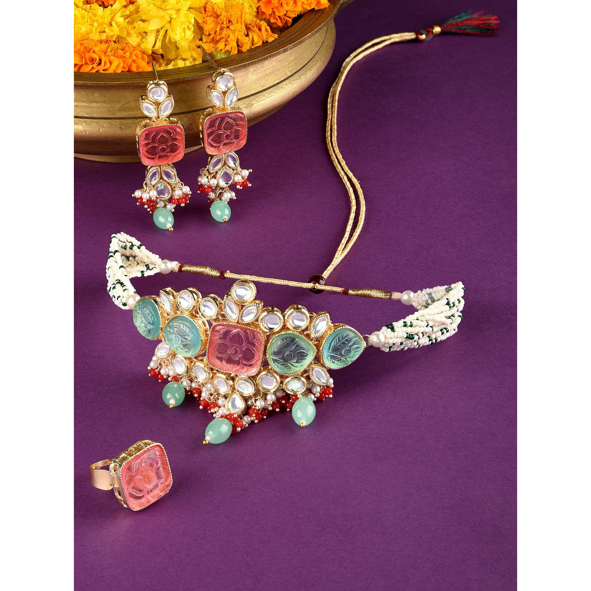 ZAVERI PEARLS Multicolor Stones & Beads Multistrand Beaded Kundan Choker Necklace Earring & Ring Set For Women-ZPFK15092