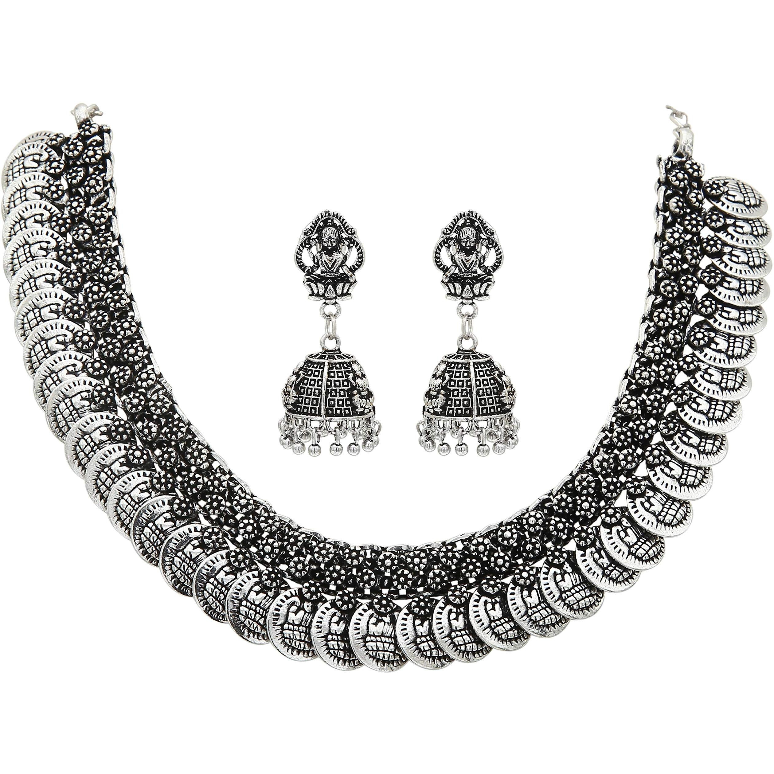 Sasitrends Oxidized German Silver Lakshmi Coin Necklace with Lakshmi Earrings for Women and Girls