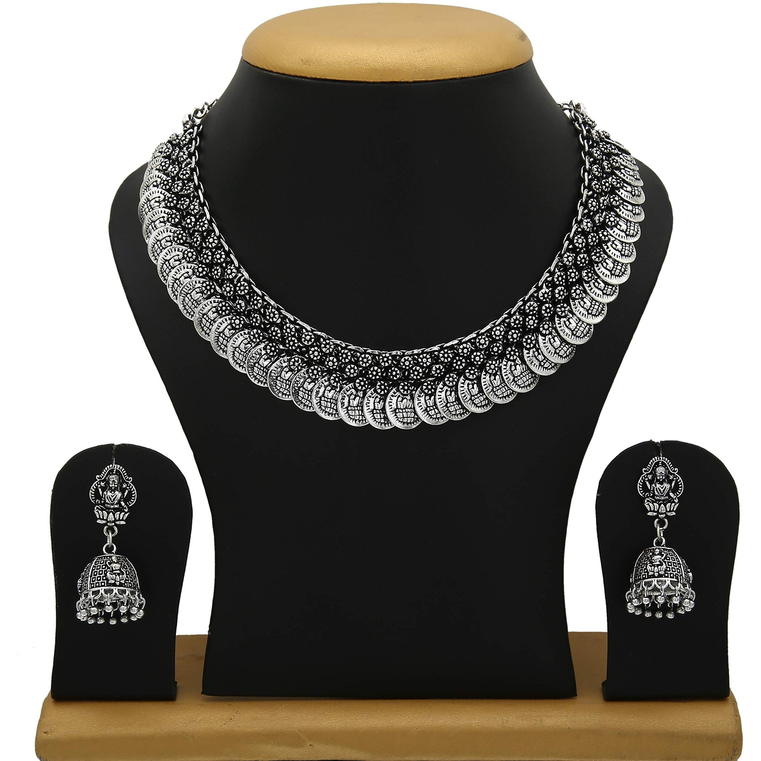 Sasitrends Oxidized German Silver Lakshmi Coin Necklace with Lakshmi Earrings for Women and Girls