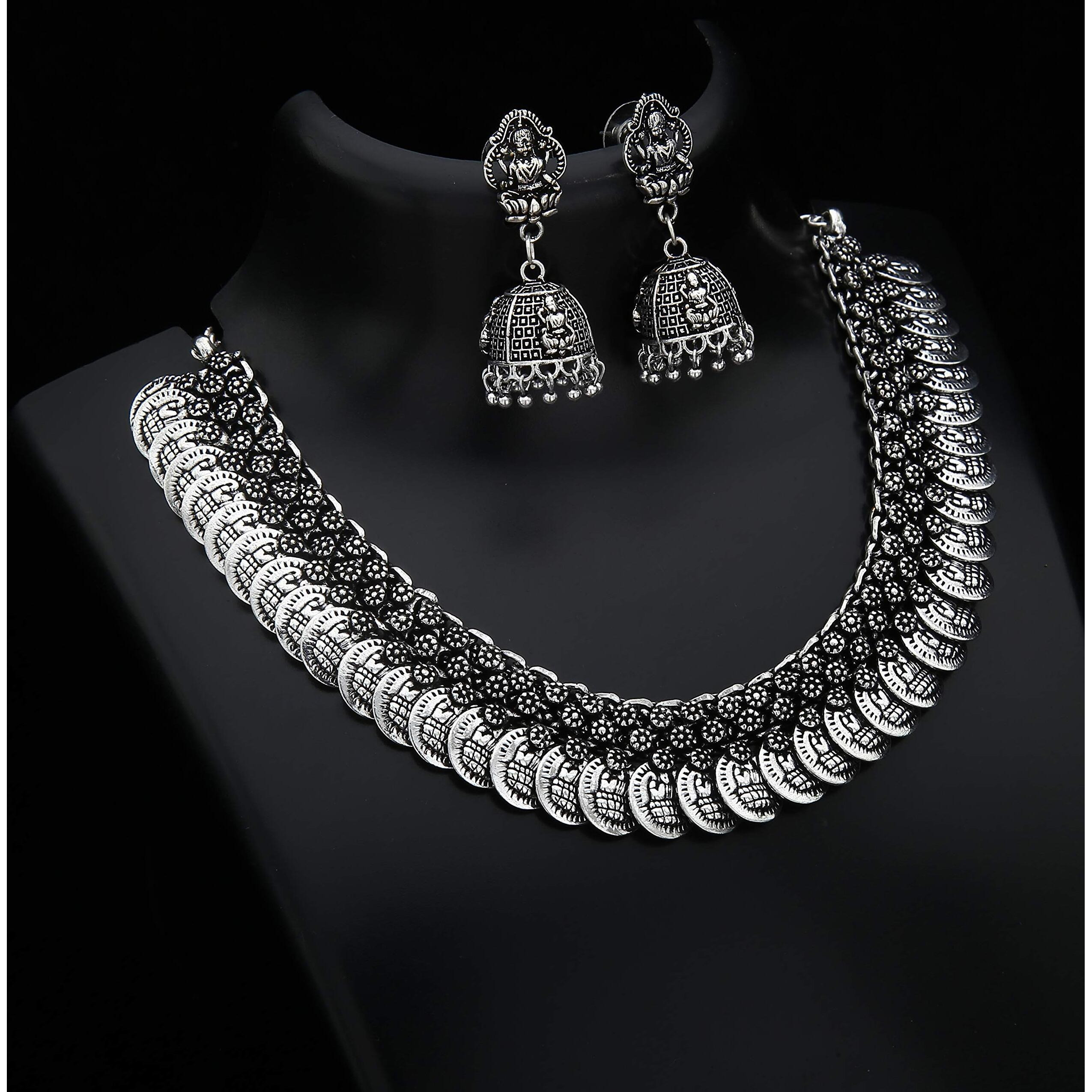 Sasitrends Oxidized German Silver Lakshmi Coin Necklace with Lakshmi Earrings for Women and Girls