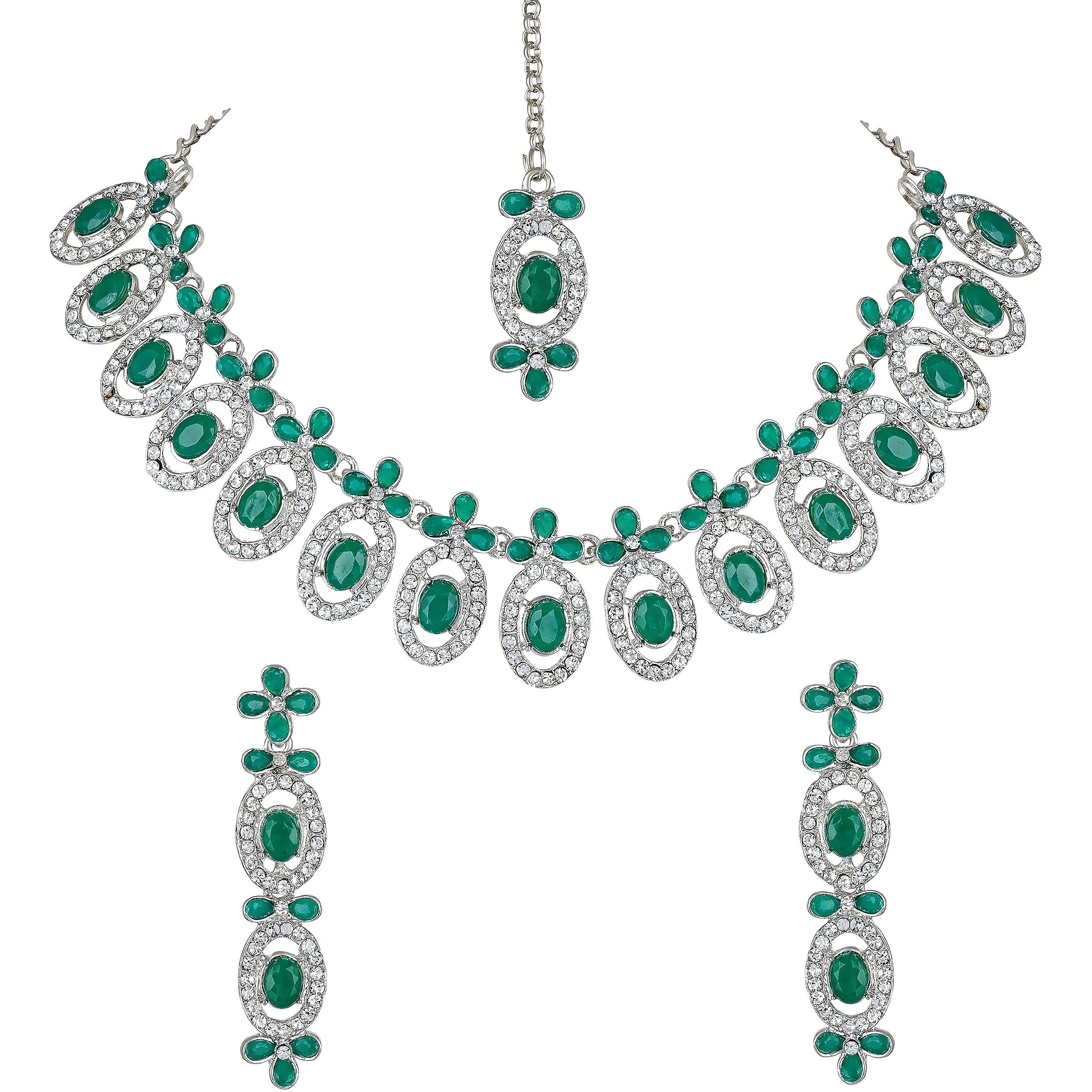 Atasi International Latest Silver Plated Green Kundan Crystals AD Diamond Necklace Jewellery Set with Earrings and Maang Tikka for Women, Girls (DG5448)