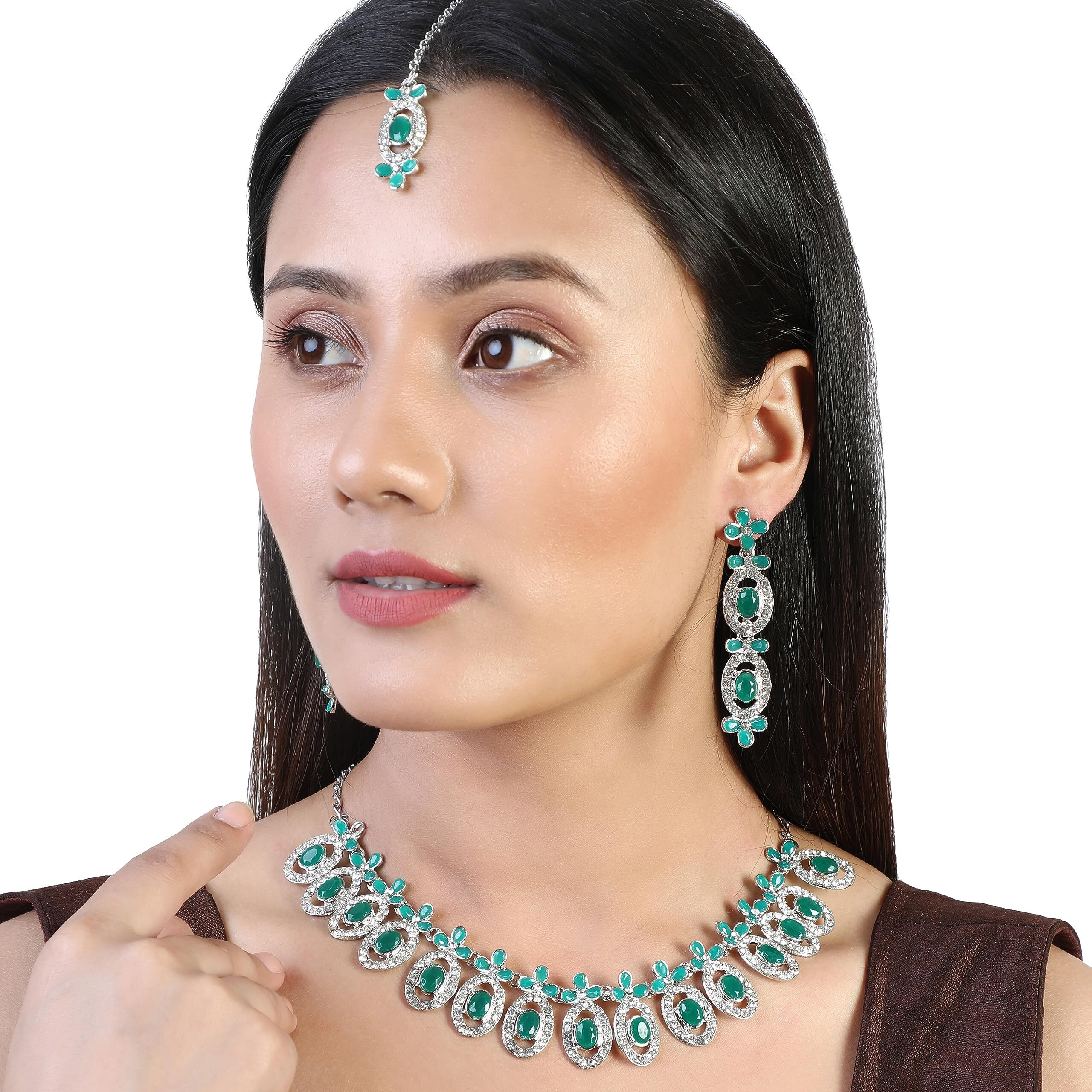 Atasi International Latest Silver Plated Green Kundan Crystals AD Diamond Necklace Jewellery Set with Earrings and Maang Tikka for Women, Girls (DG5448)