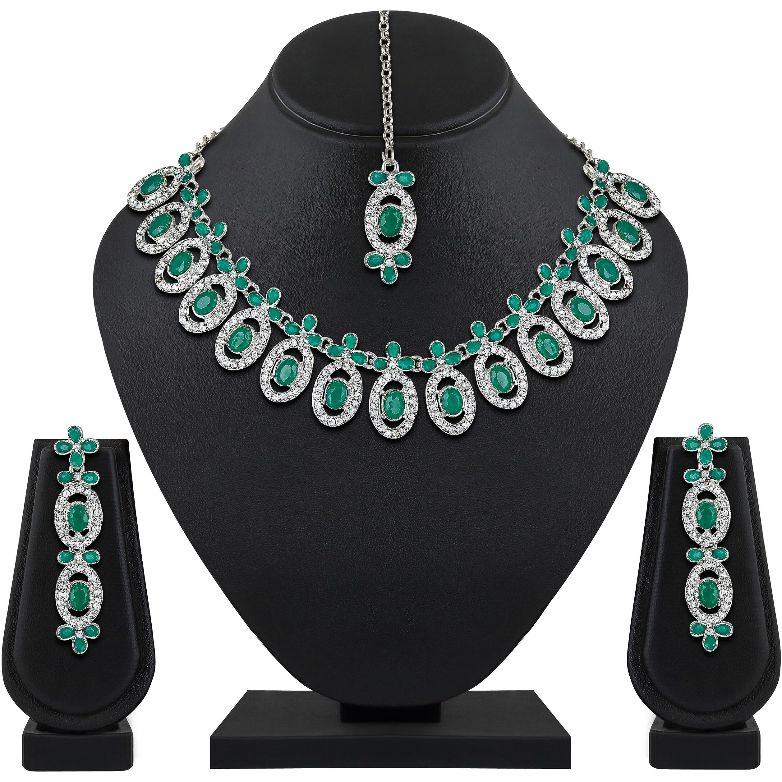 Atasi International Latest Silver Plated Green Kundan Crystals AD Diamond Necklace Jewellery Set with Earrings and Maang Tikka for Women, Girls (DG5448)