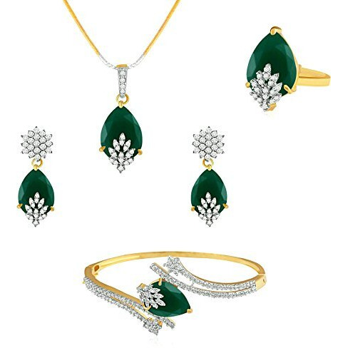 YouBella Signature Collection American Diamond Combo of Pendant Set/Necklace Set with Earrings, Bracelet and Ring for Girls and Women (Green)