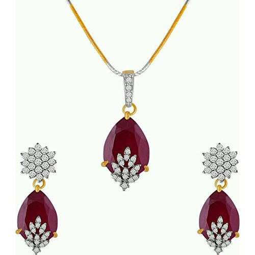YouBella Signature Collection American Diamond Combo of Pendant Set/Necklace Set with Earrings, Bracelet and Ring for Girls and Women (Red)