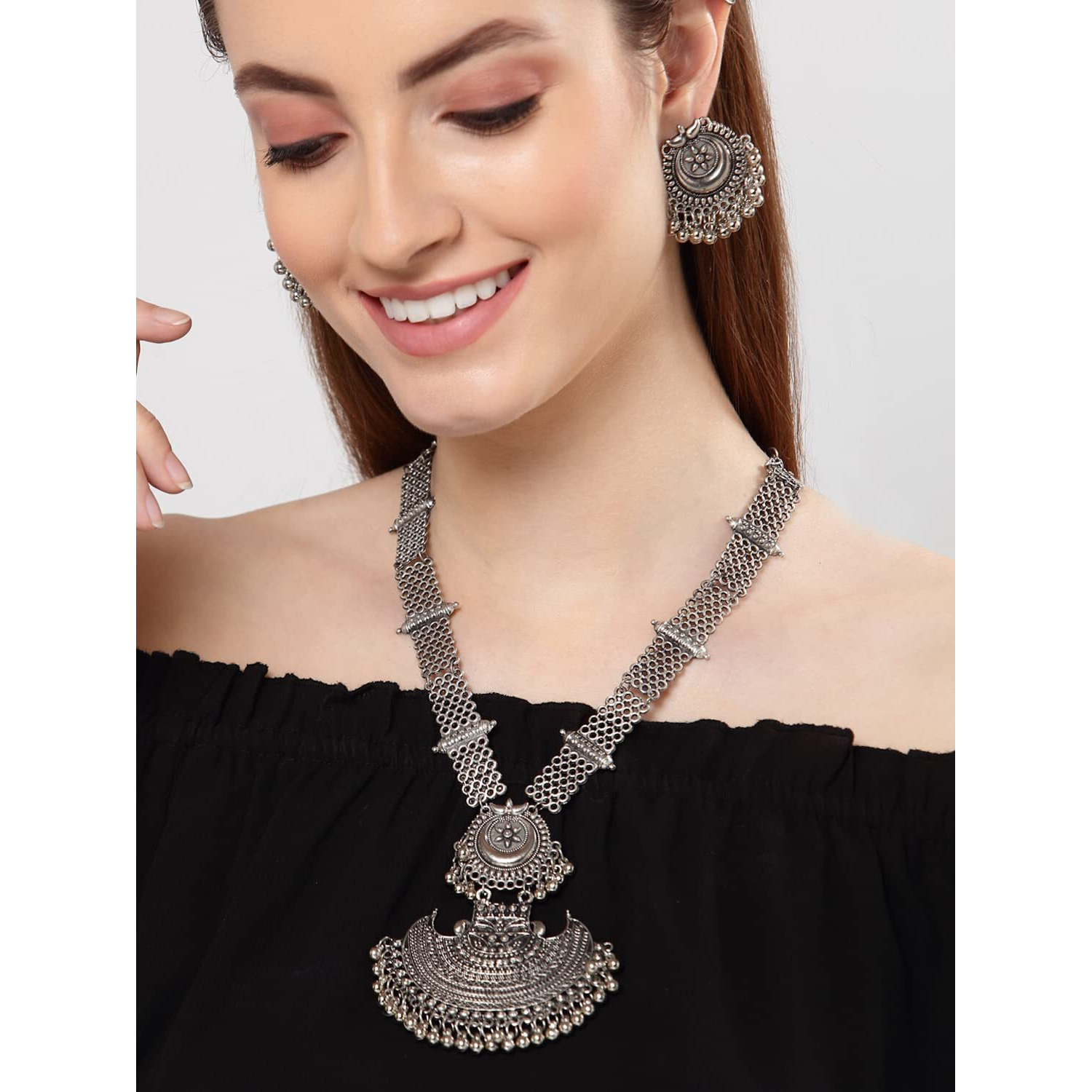 Shining Diva Fashion Latest Stylish Traditional Oxidised Silver Necklace Jewellery Set for Women (13112s)