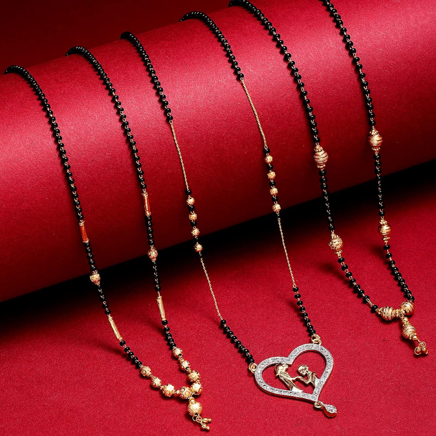 ZENEME Sparkling Gold Plated Wedding Jewellery American Diamond Solitaire Mangalsutra Tanmaniya Combo For Women (Combo 12)