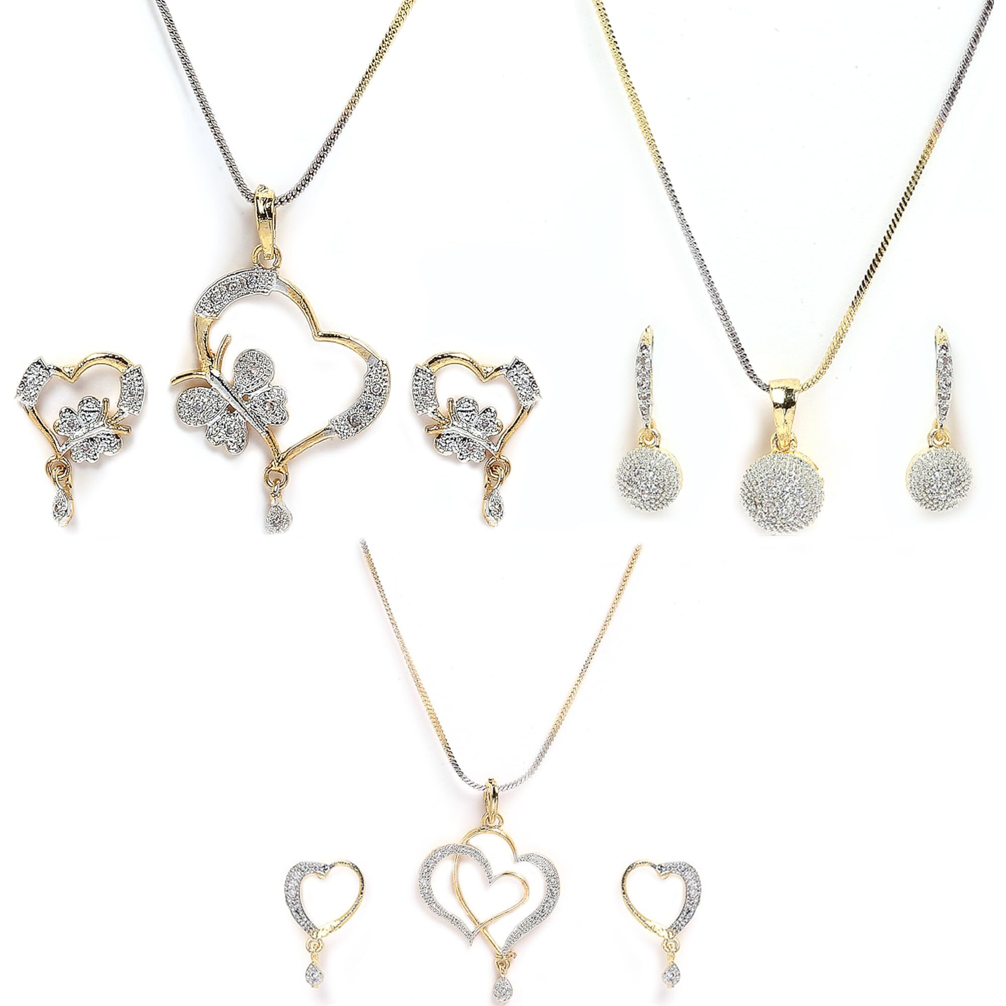 ZENEME Jewellery Set Gold Plated American Diamond Heart Shape and Crystal Style Pendant Necklace Set for Women and Girls Set Of 3 (Design 9)