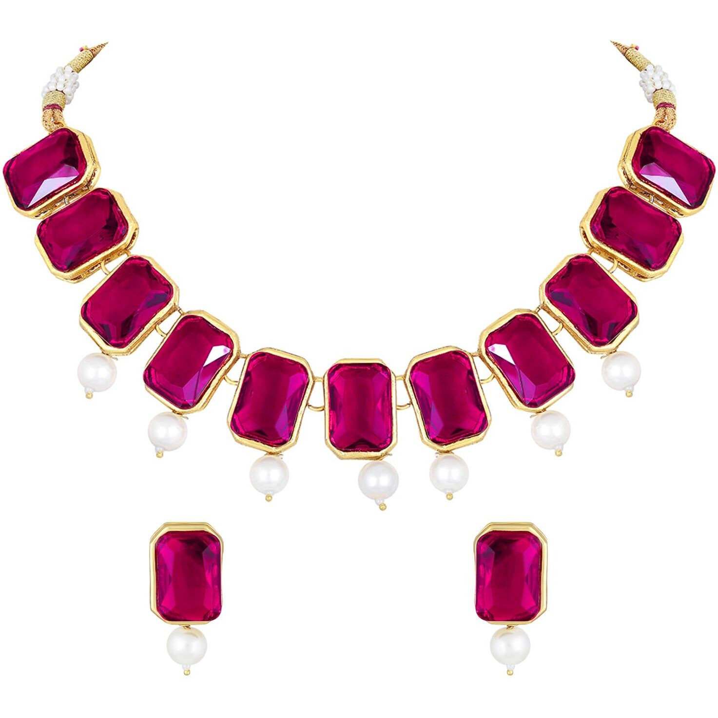 Peora Traditional Jewellery Rani Pink Crystal Pearl Necklace Earring Jewellery Set for Women Girls Wedding