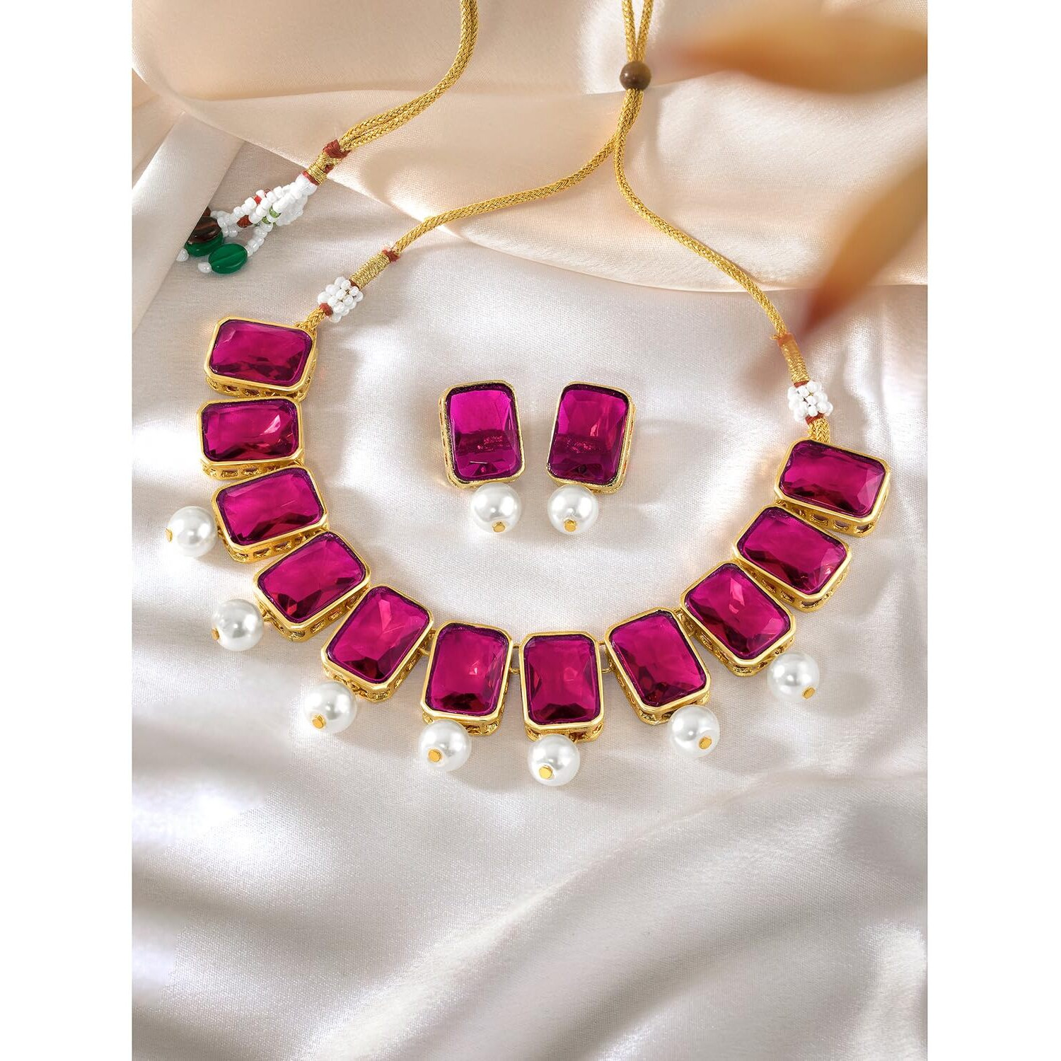 Peora Traditional Jewellery Rani Pink Crystal Pearl Necklace Earring Jewellery Set for Women Girls Wedding