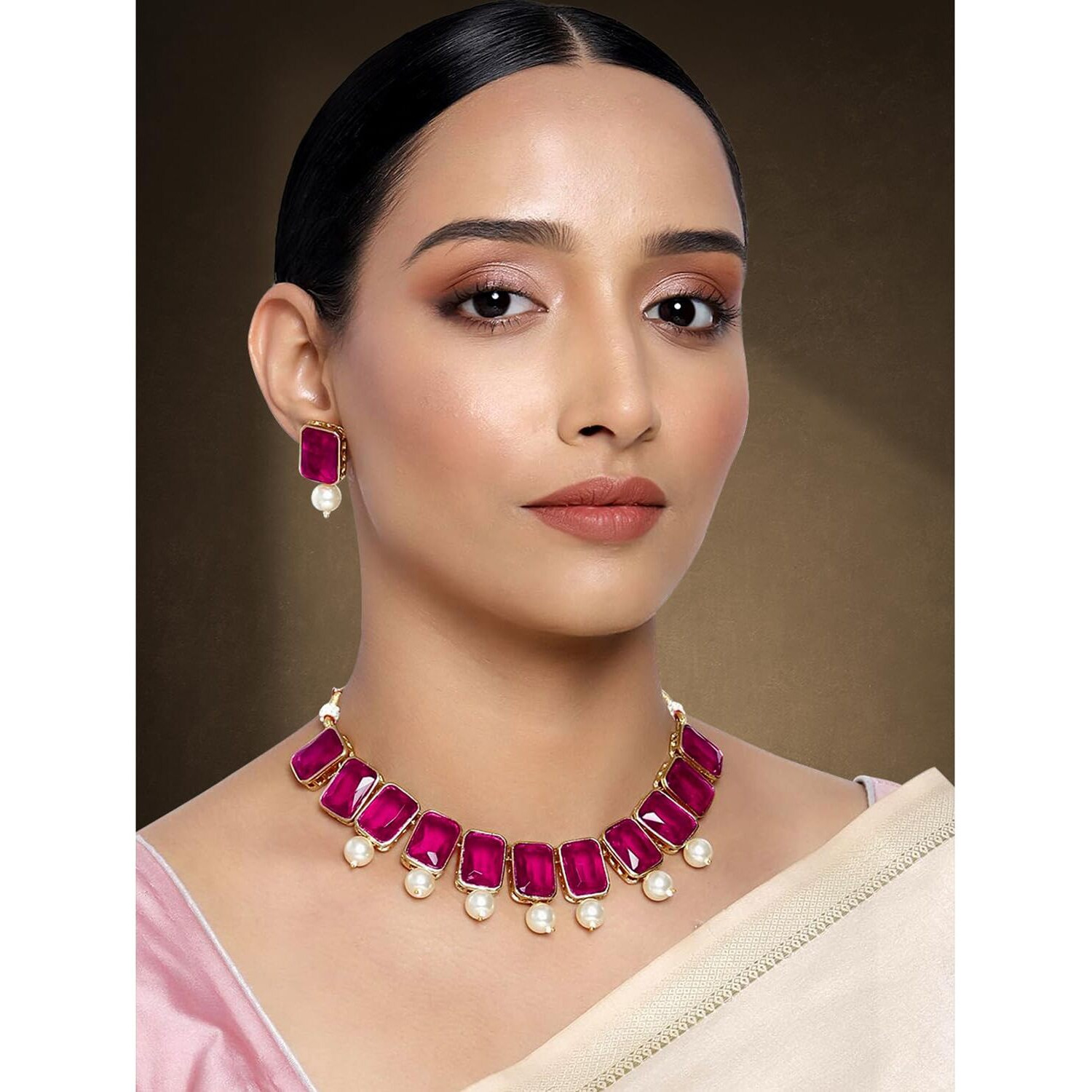 Peora Traditional Jewellery Rani Pink Crystal Pearl Necklace Earring Jewellery Set for Women Girls Wedding