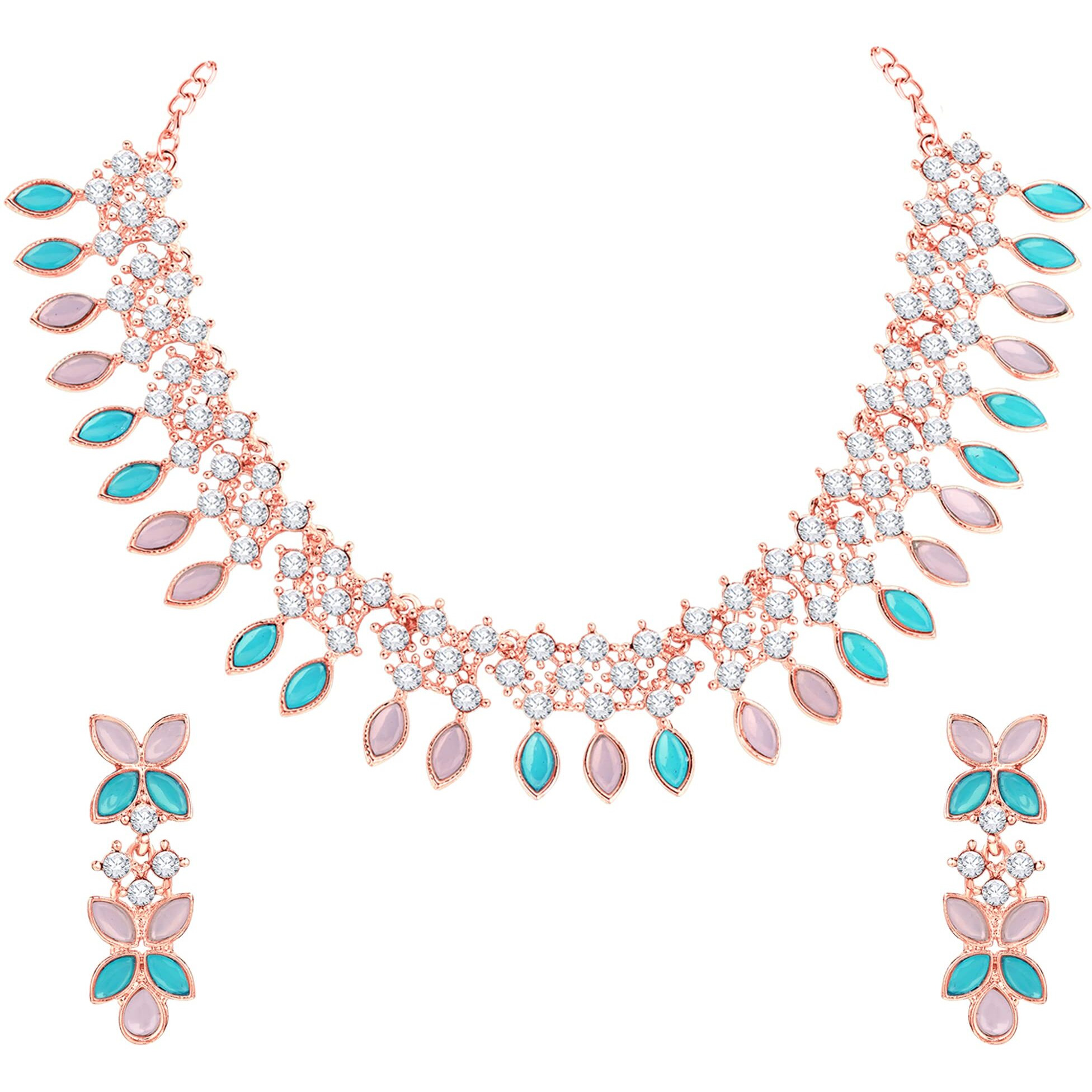 Atasi International Gold Plated Mint Pink & Blue Crystals AD Diamond Jewellery Necklace Set for Women (MPB5775)
