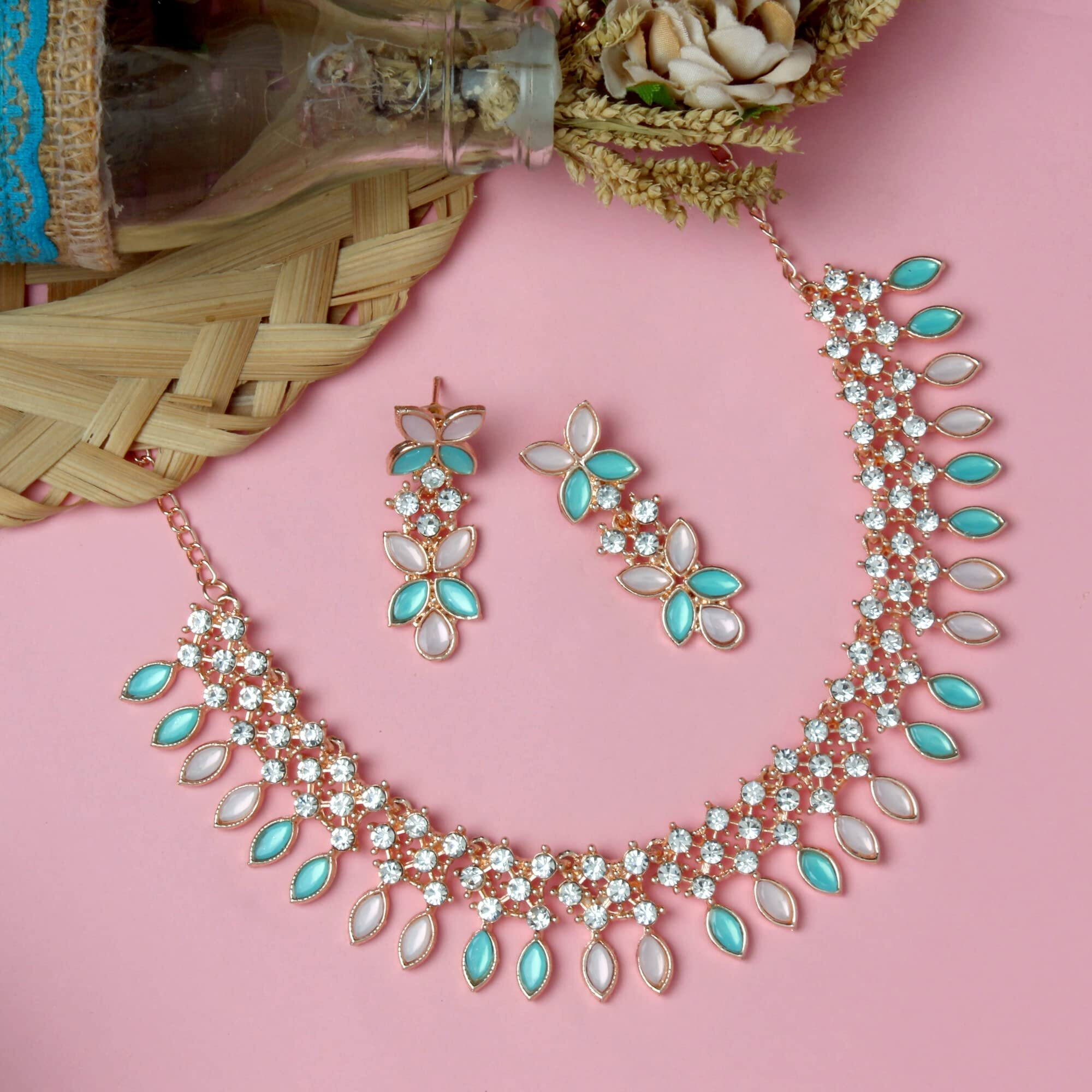 Atasi International Gold Plated Mint Pink & Blue Crystals AD Diamond Jewellery Necklace Set for Women (MPB5775)