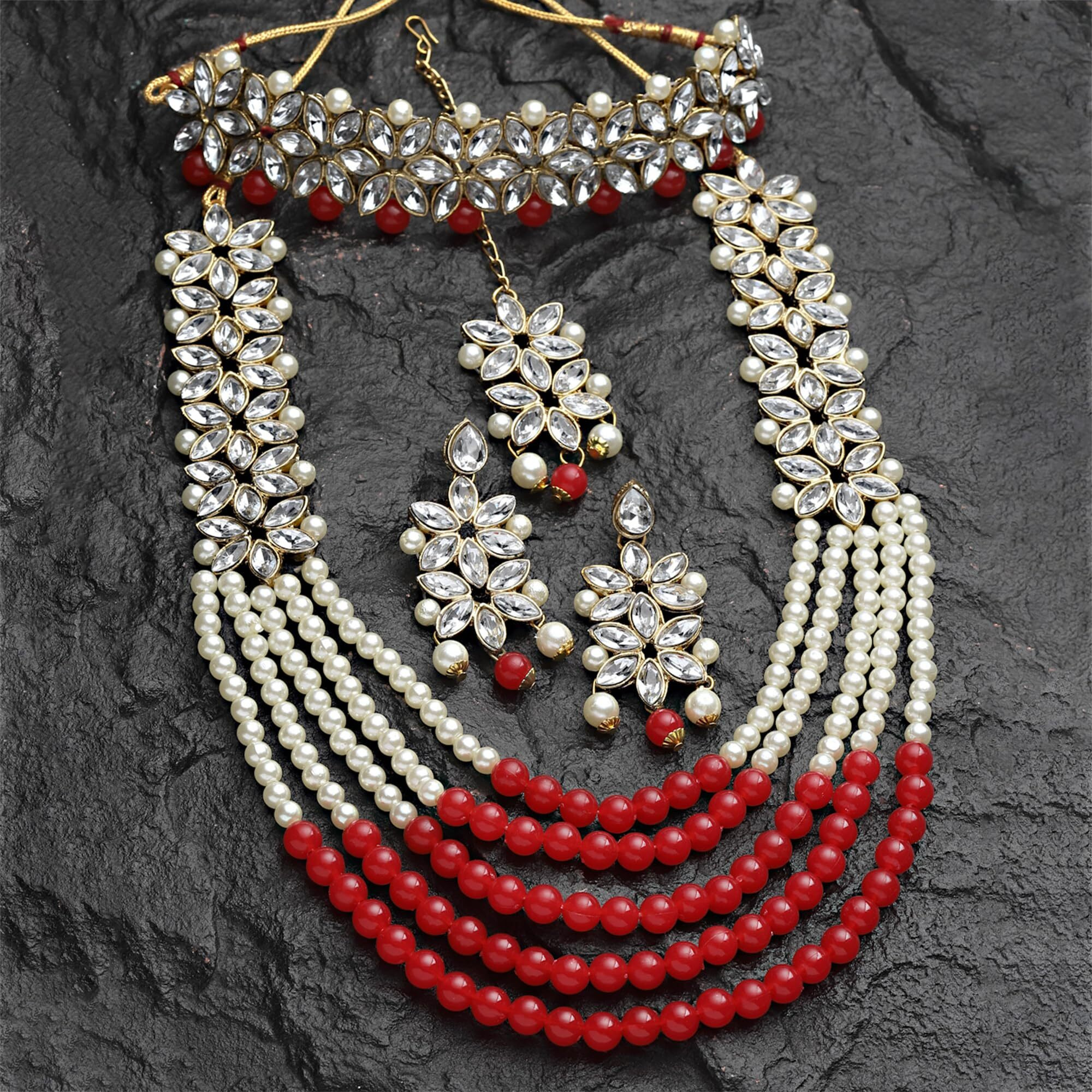 ZENEME Jewellery Sets for Women Gold Plated Bridal Long Necklace Set Neck Choker with Earrings and Maang Tikka for Women & Girls (Red)