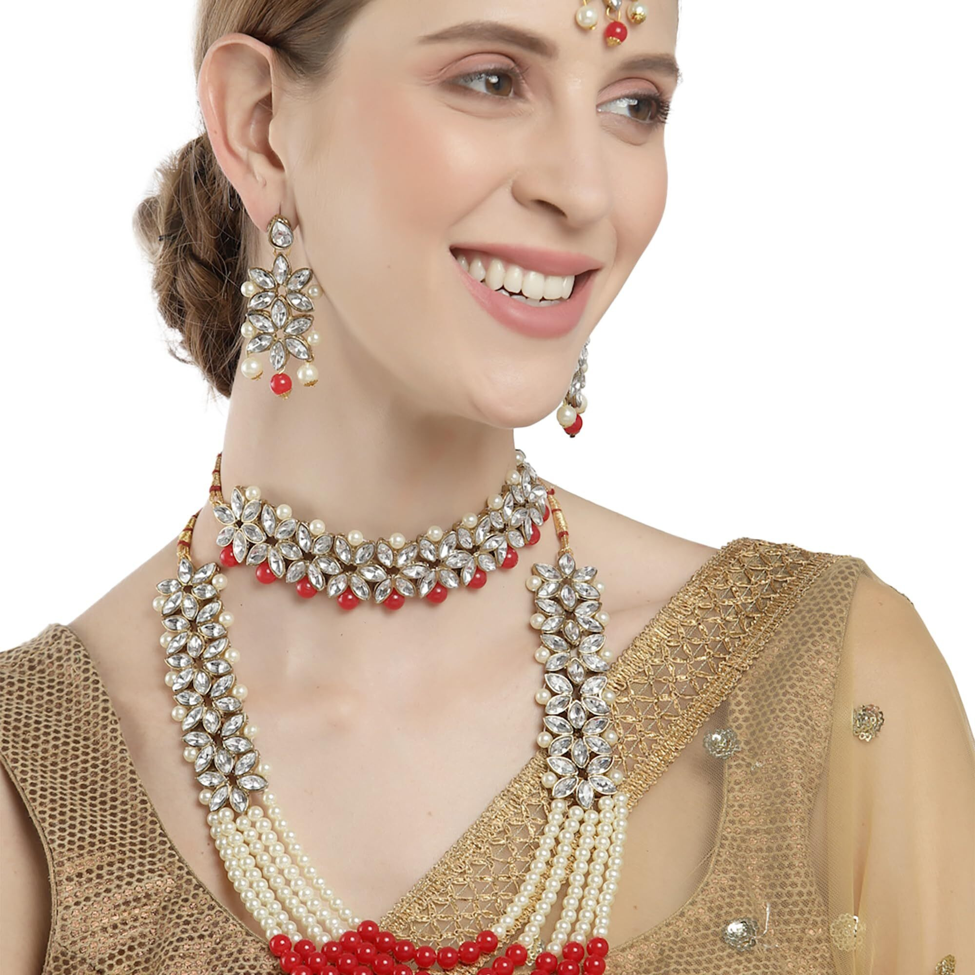 ZENEME Jewellery Sets for Women Gold Plated Bridal Long Necklace Set Neck Choker with Earrings and Maang Tikka for Women & Girls (Red)
