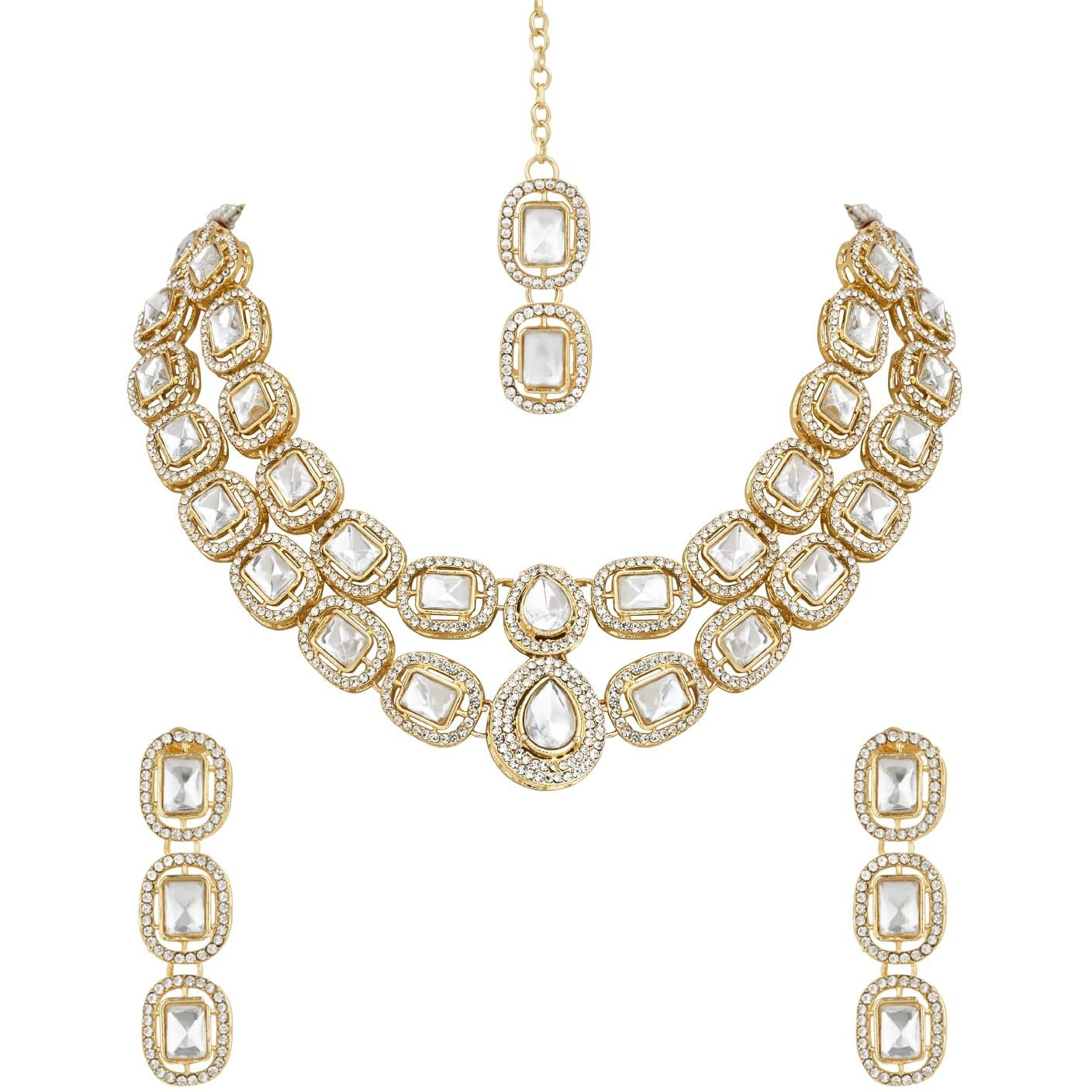 I Jewels Gold Plated Traditional Stone Choker Necklace Jewellery With Earring & Maang Tikka Set For Women And Girls (White)
